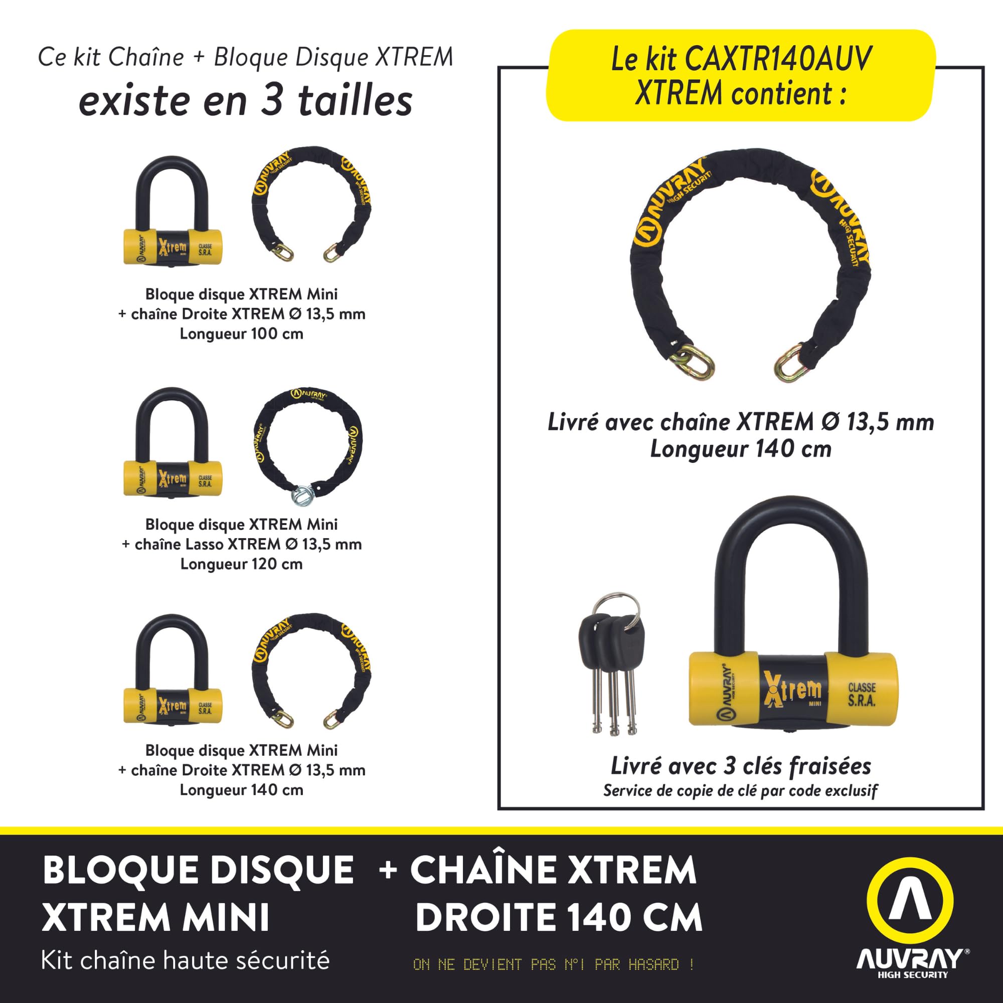 AUVRAY Chaîne et Bloque-Disque Moto U Xtrem DK-10 Homologué SRA – Goupille Acier Trempé 10 mm – Cylindre Haute Sécurité Anti-Crochetage – 3 Clés