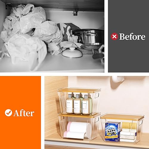 Miniatura 9 de Delamu Paquete de 2 dispensadores de bolsas de basura con tapa de bambú, organizador de bolsas de basura de plástico transparente para bolsas de 4 a