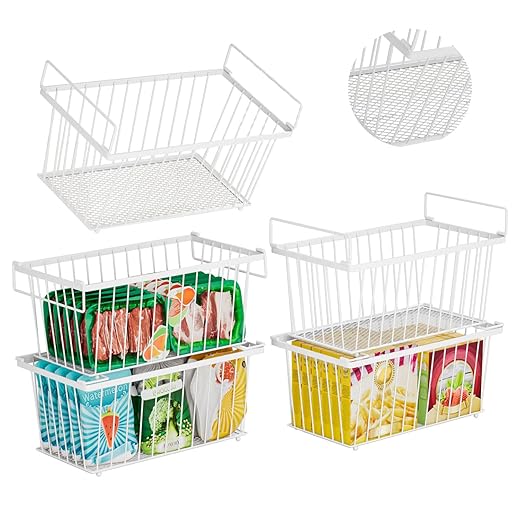 Enhanced Leak-Proof Bottom - Freezer Organizer Bins ，5 Pack Stackable Deep Freezer Organizer Bins for 7 Cu.FT Small Chest Freezer，Easy Get Bottom Foods without Digging