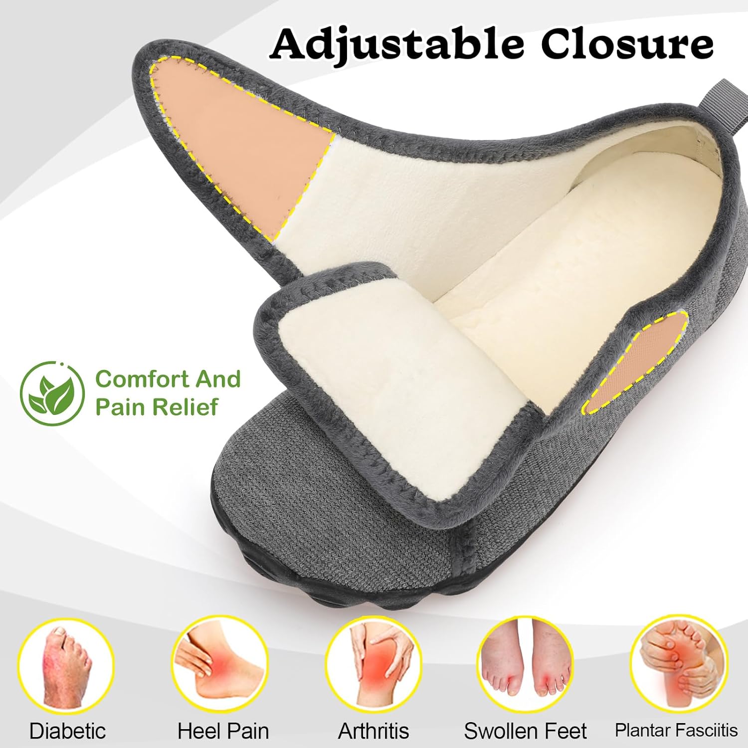 relxfeet Men's Slippers Wide Width Adjustable Orthopedic Diabetic House Shoes for Neuropathy Swollen Feet Relief Non-Slip Rubber Sole Indoor Outdoor - Image 4