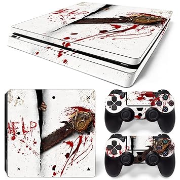 ZOOMHITSKINS PS4 Slim Skins, Fear Chainsaw Blood Stain Horror Zombie Red White Terror Panic, Durable, Bubble-Free Goo-Free,Cover Set of 2 Controller Skins 1 Console Skin, Made in USA