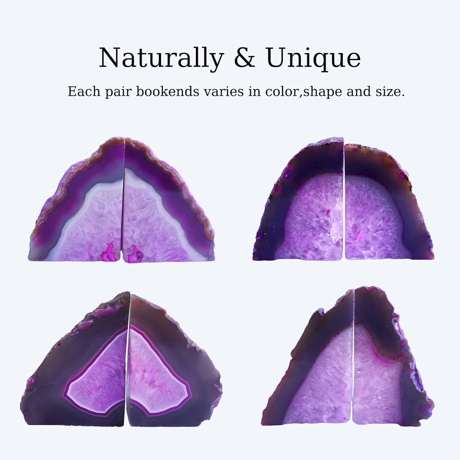 Natural Pink Dyed Agate Geode Bookends - 3 to 4 lb Heavy Duty Rock Crystal Stone Book Ends for Shelves, with Rubber Bumpers, Decorative Book Holders for Home Office