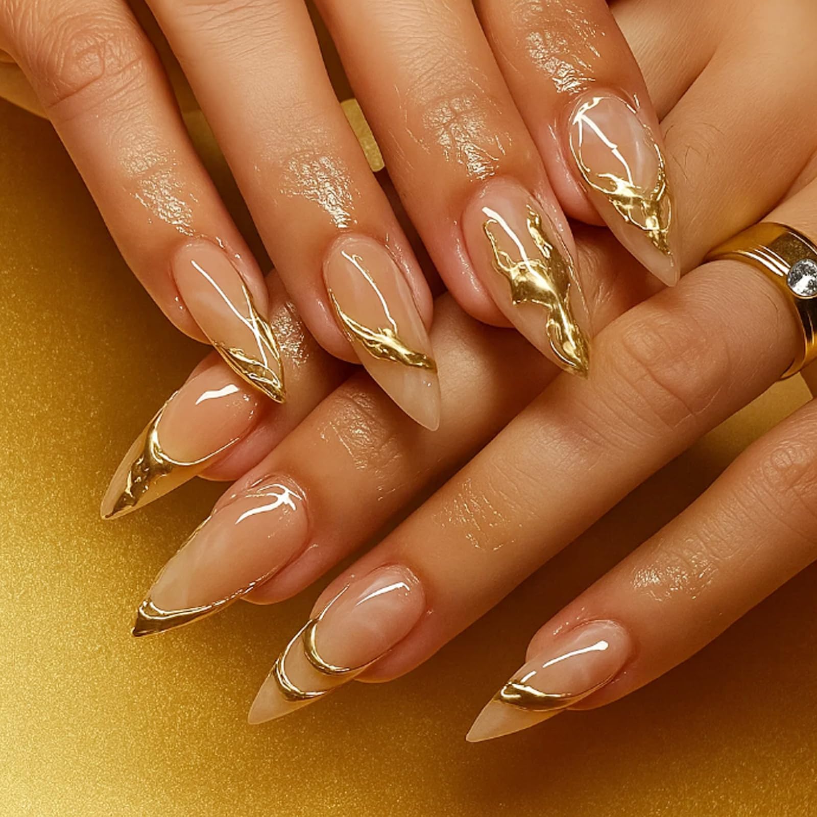 Transparent Nude False Nails With Gold Foil Accents For Stiletto And Almond Shapes