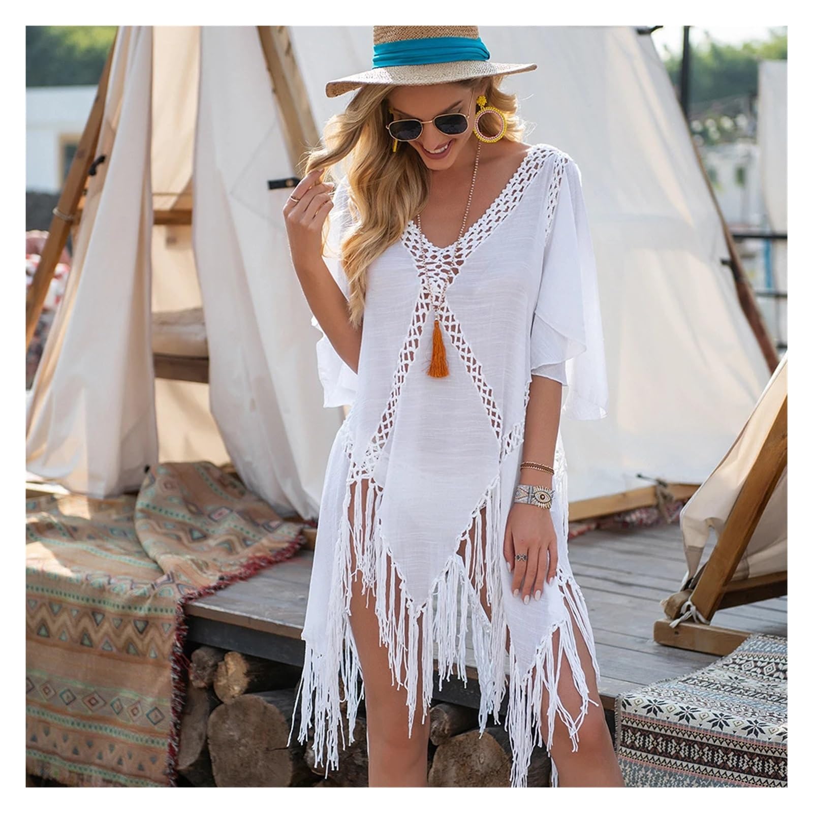 Vestido de Playa de Ganchillo Vestido de Playa sin Espalda con borlas for Mujer, Cuello en V, Traje baño, Ropa, Verano