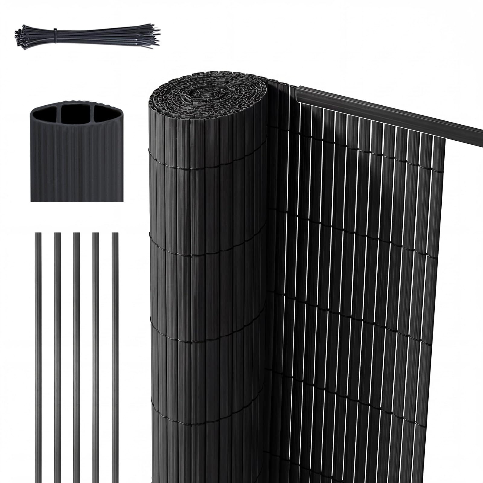 Sekey PVC Sichtschutzmatte mit Abdeckprofil & Kabelbindern - 80x400cm Doppelte Verstärkung Innen, Balkon Sichtschutz Sichtschutzzaun Windschutz Wasserdicht ohne Bohren für Balkon Garten, Anthrazit