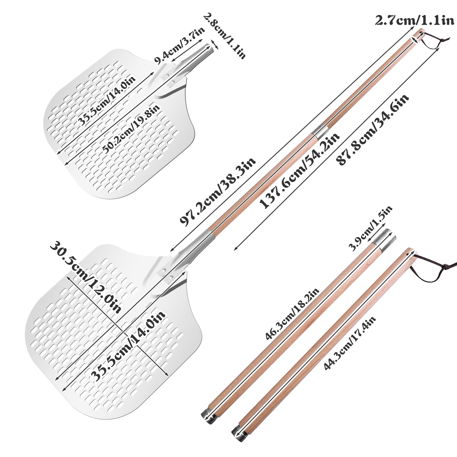 Gute Perforierter Pizzaschieber,Pizzaschaufel,Hart Aluminium Pizzawender,3 Set 138cm Lang,Große Pizzaschieber mit abnehmbarem langen Holzgriff, Pizzaheber für Backofen a