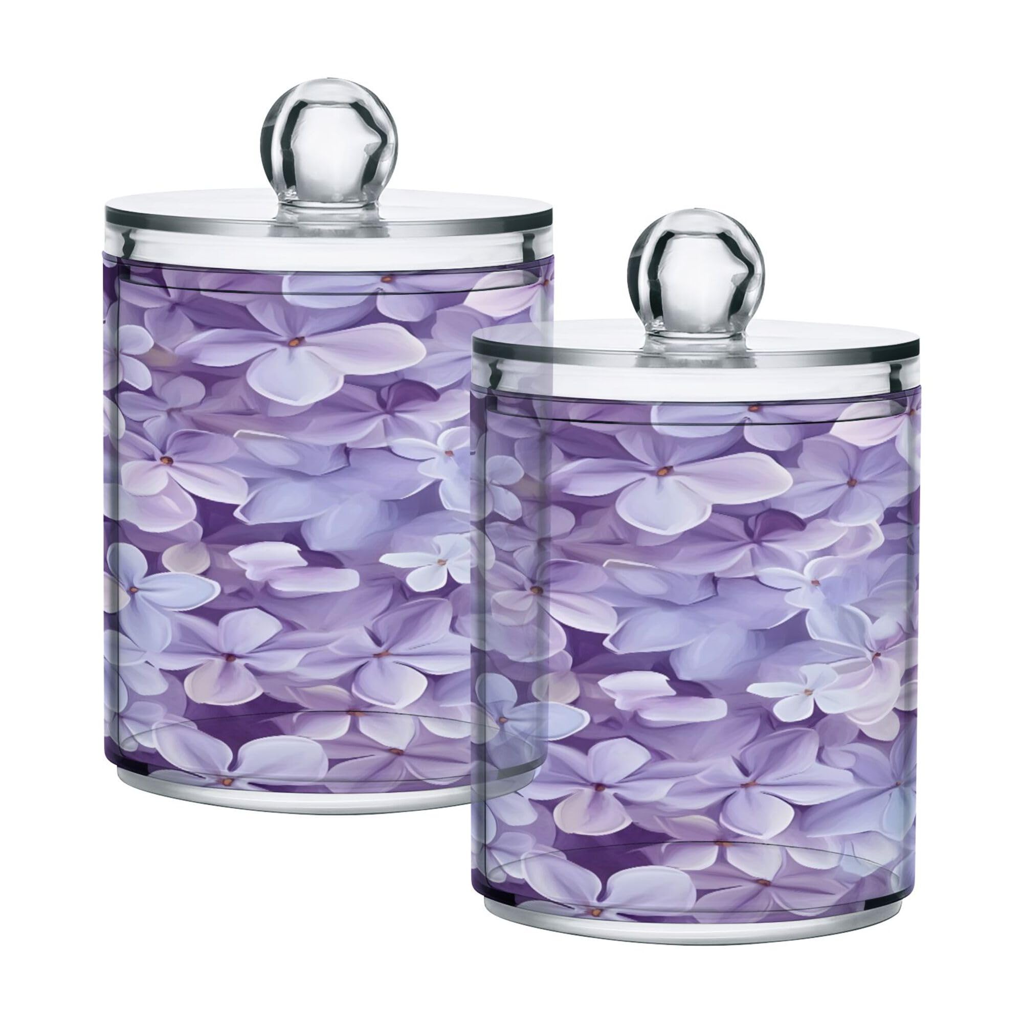 Ewusp Lilac Flowers Qtip Holder 2 PCS Clear Plastic Apothecary Jars with Lid Cotton Pad Holder Dispenser Cotton Bud Holder Bathroom Storage Container Makeup Organiser