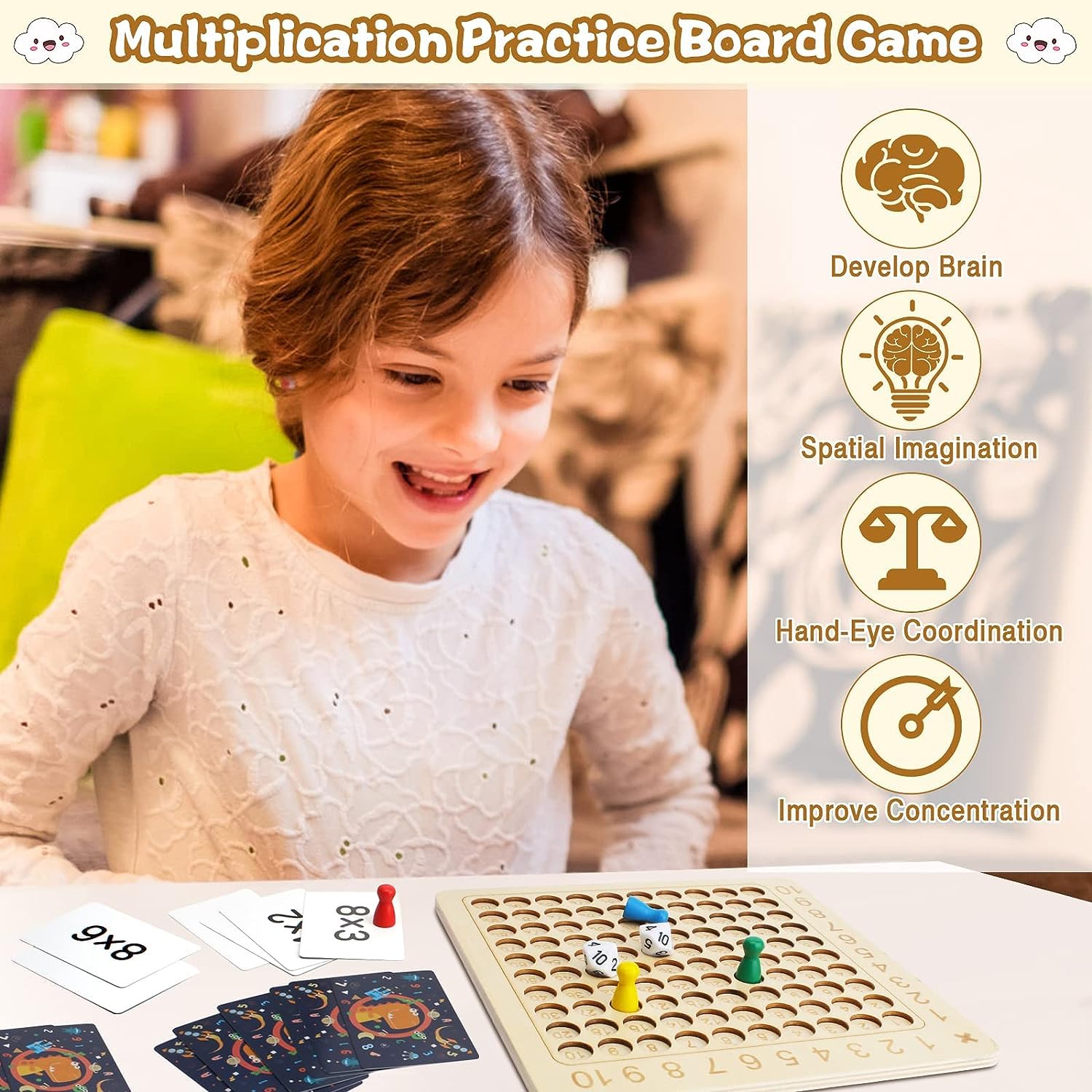 Montessori Multiplikationsbrett Aus Holz – Lernspielzeug Für Kinder, Inkl. 100 Karten, Würfel & Spielsteine (22,5x22,5 Cm)