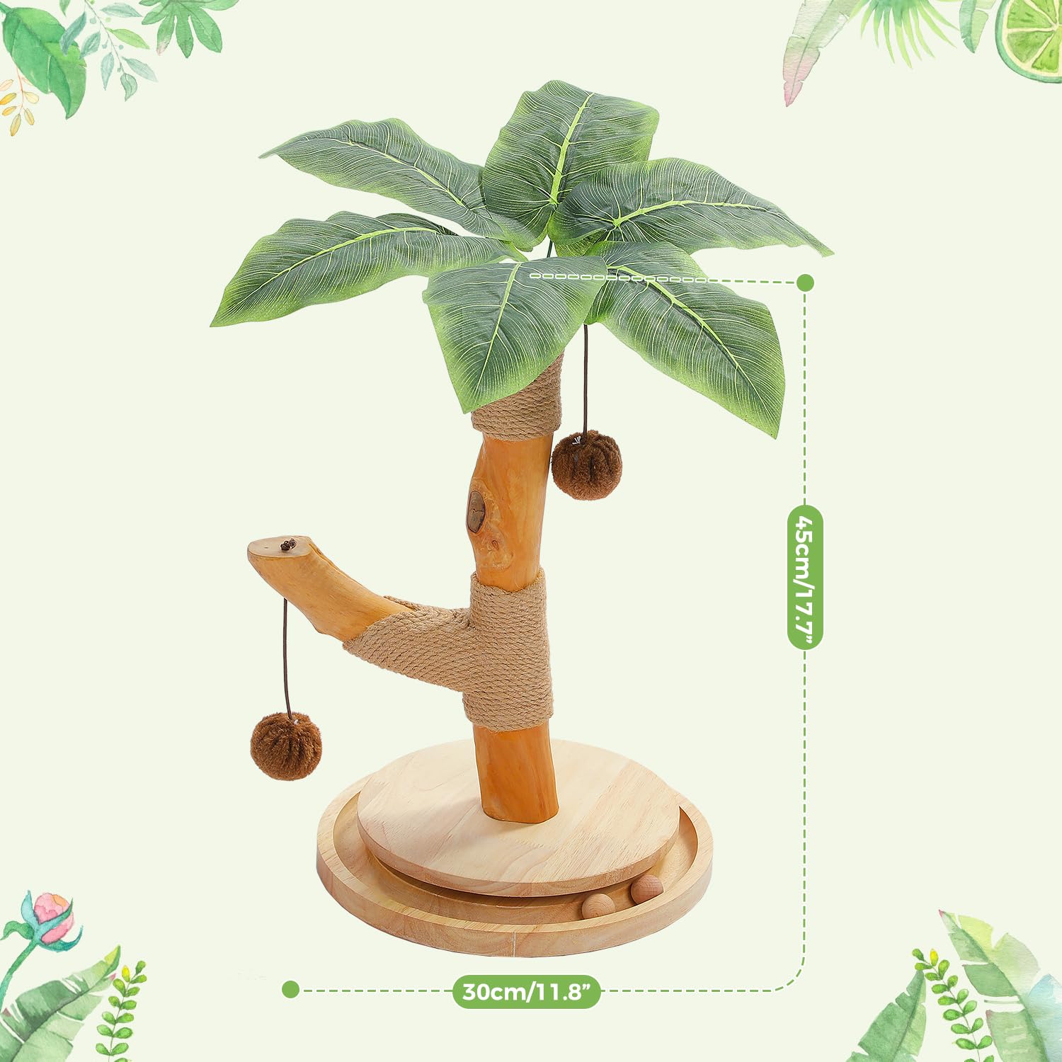 PAWZ Road Katzenkratzbaum Palme für Katzen – Kratzsäule aus Naturholz mit interaktivem Balltrack & 2 Spielbällen, Stabiler Katzenkratzstamm, Terracotta, 44 cm