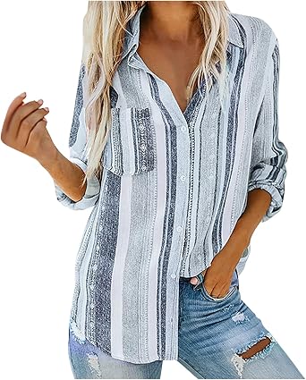 Womens Striped Dressy Blouse Tops Fall Casual Rolled Up Long Sleeve Lapel Button Down Shirts Loose Fit Tunic Tshirts