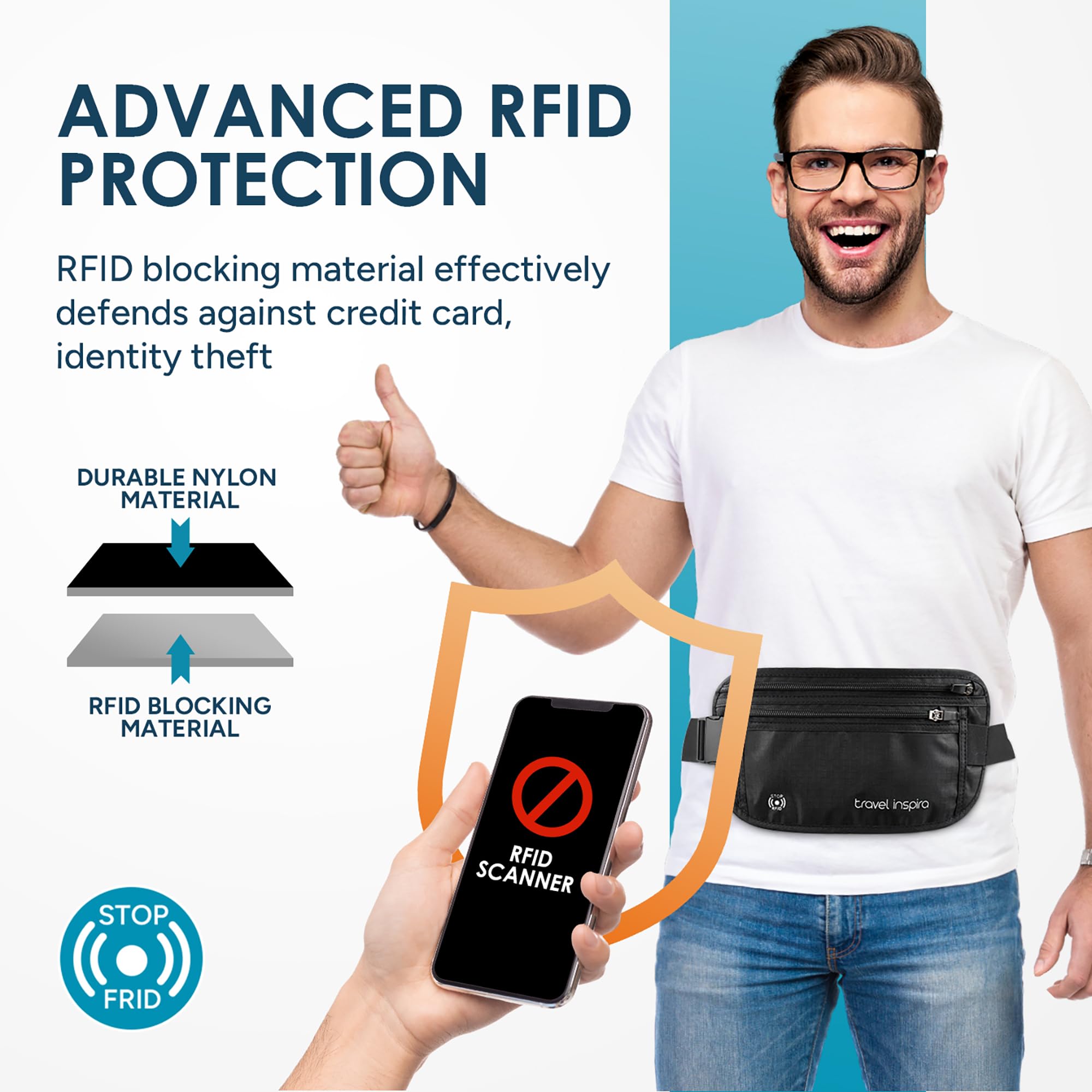 travel inspira Riñonera Antirrobo Bloqueo RFID Porta Documentos para Viaje | Cremallera Antirrobo, Ultra Fino y Invisible, Ligero, Cinturón Elástico Hasta 140 cm, con Acolchado Suave, Hidrófugo