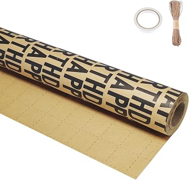 Win Change Birthday Wrapping Paper Rolls, Gift Kraft Gift Wrapping Paper Design for Boys, Men, Women, Girls - 17 Inch X 33 Ft Black, 46.8 Sq.Ft.Ttl
