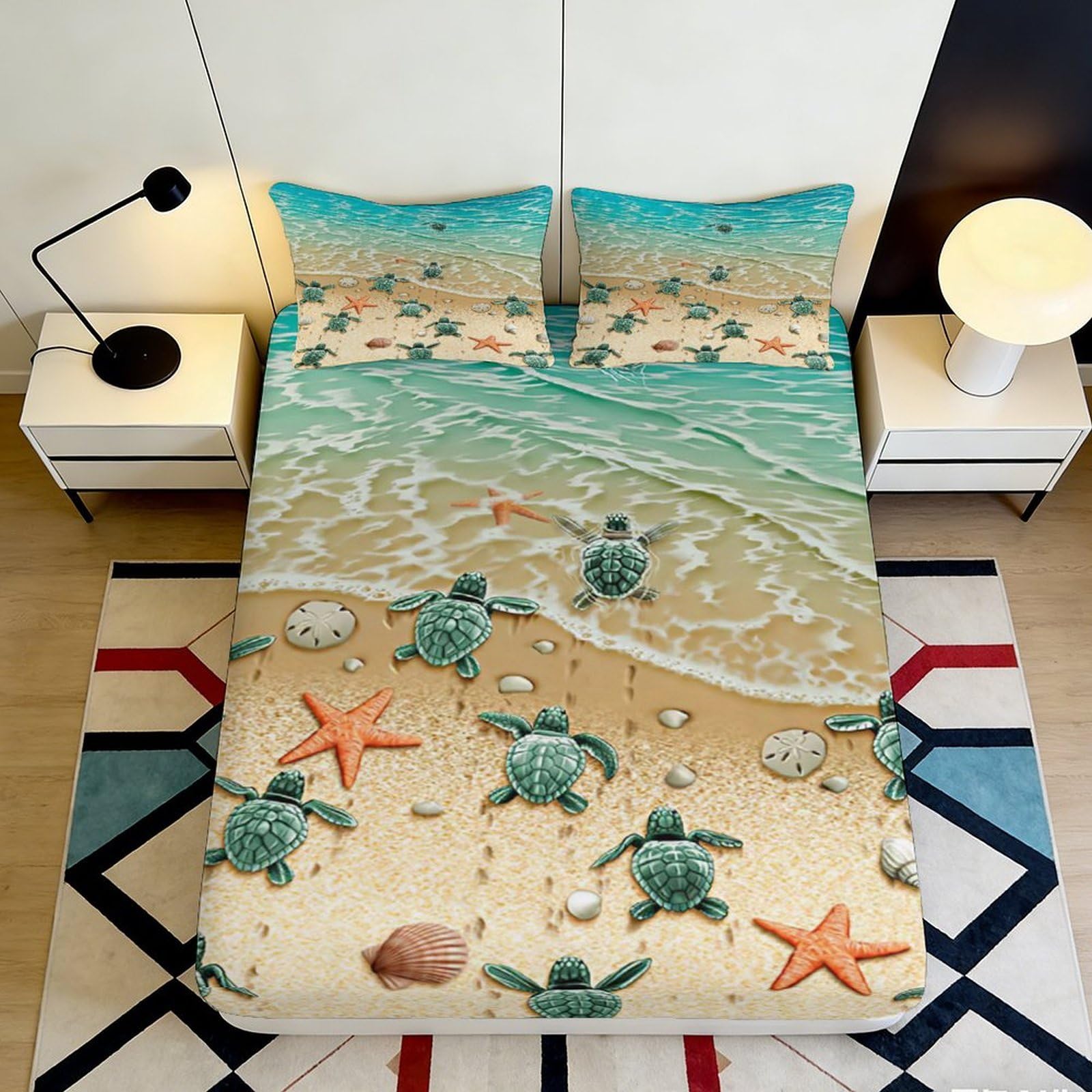 3D Printed Sea Turtle Beach Fitted Sheet Microfiber Soft Starfish Bed Cover for Bedroom Guest Room Mattress Decor 90x200x25cm