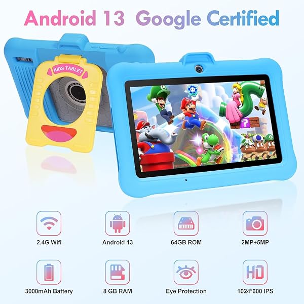 Tablette Enfants 7 Pouces Android, RAM 8 (3+5) Go, ROM 64 Go (TF 128 Go), GMS Certified, Apps Pré-Installé, Éducative, WiFi, Kid-Proof Étui avec Support réglable, Bleu - 3