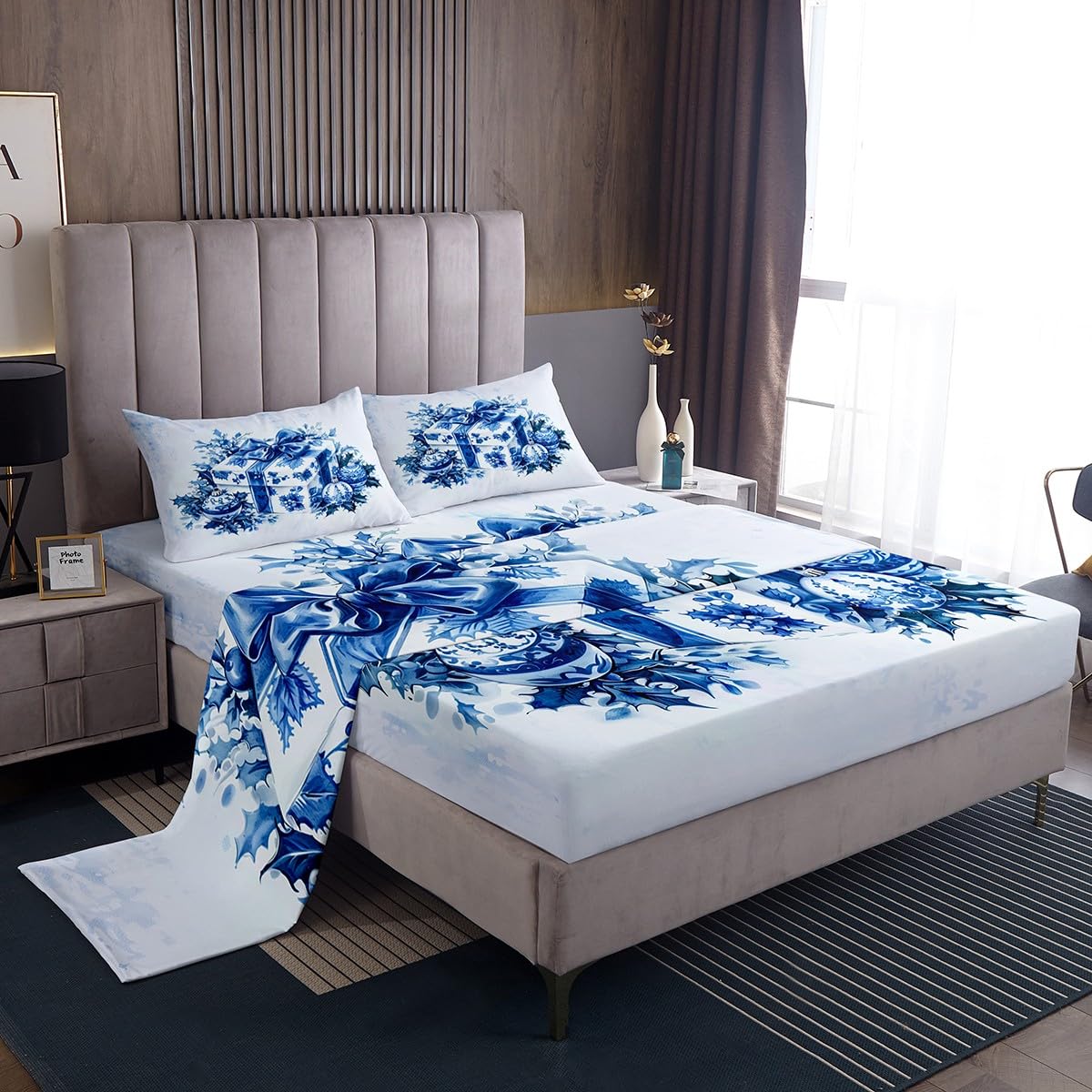 Homewish Juego de sábanas de Navidad con lazo doble, diseño botánico de hojas de porcelana azul y blanco, ropa de cama para adultos, mujeres y niños, ropa de cama cálida y suave, 4 piezas