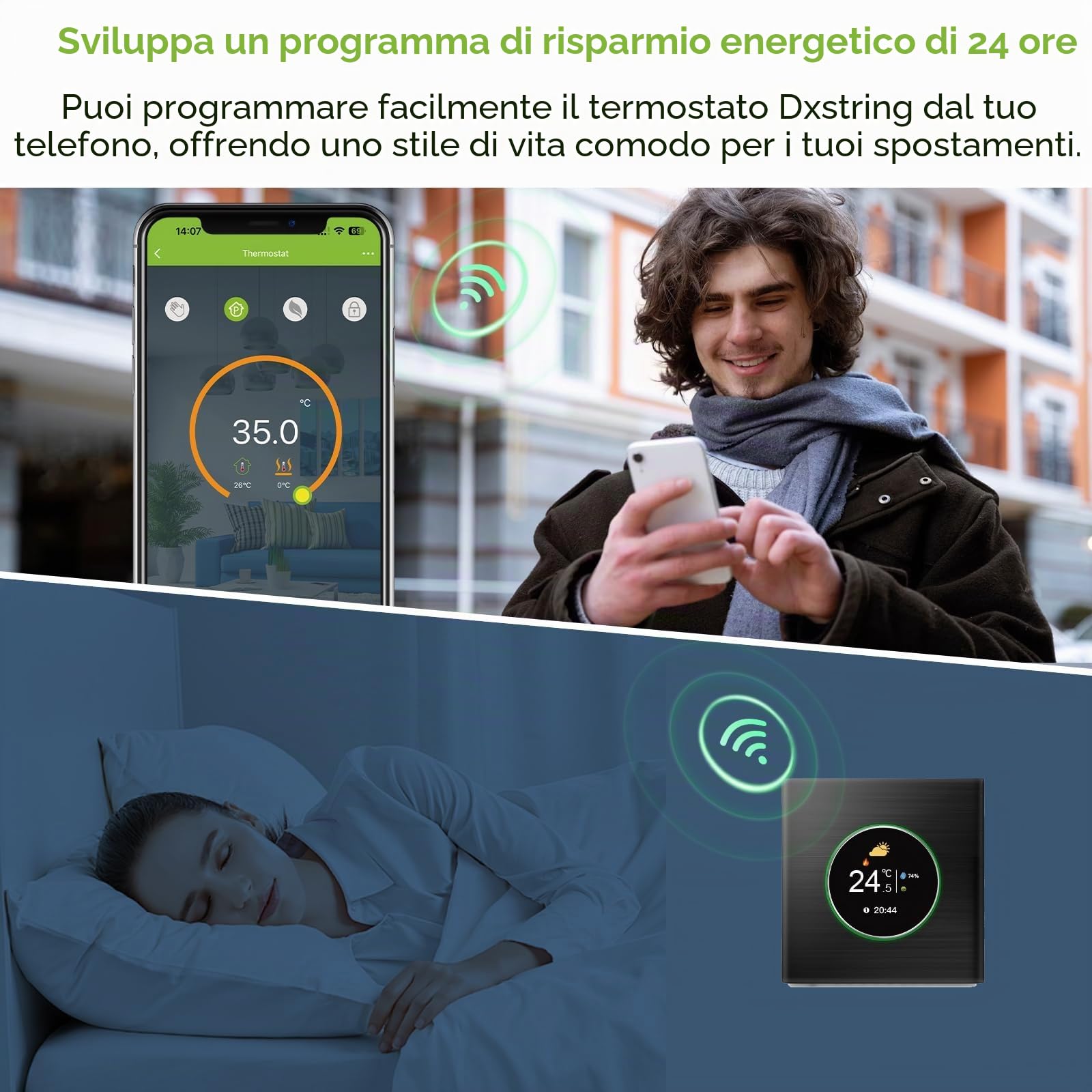 Termostato WiFi Intelligente DXstring - Controllo Vocale/App/Touch, Display Digitale, Programmabile 5+1+1, Risparmio Energetico per Pompe di Calore