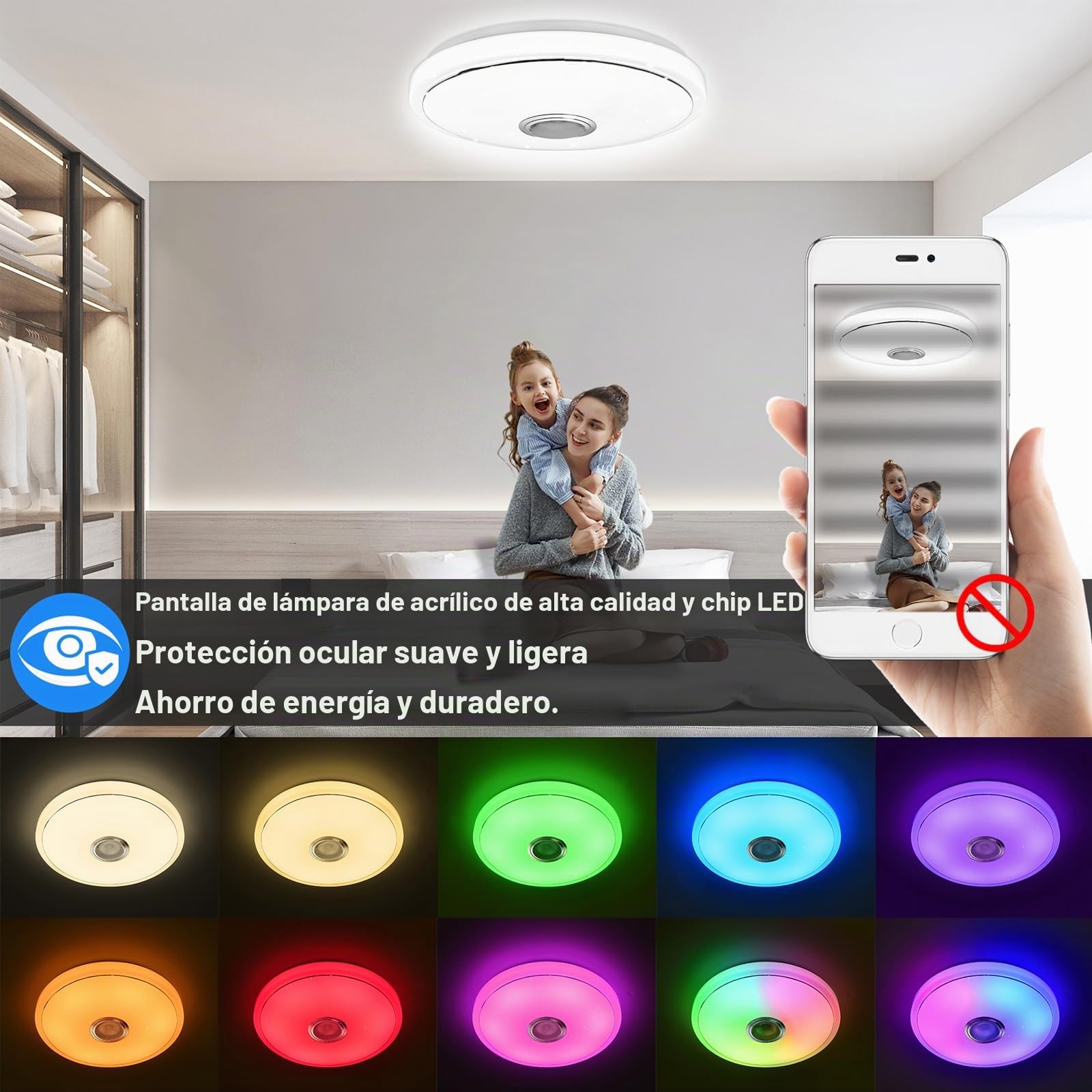 UISEBRT - Lámpara de techo LED regulable (48 W, con altavoz Bluetooth, luz inteligente RGB con mando a distancia y control de aplicación, lámpara de techo con cambio de color para sala de estar