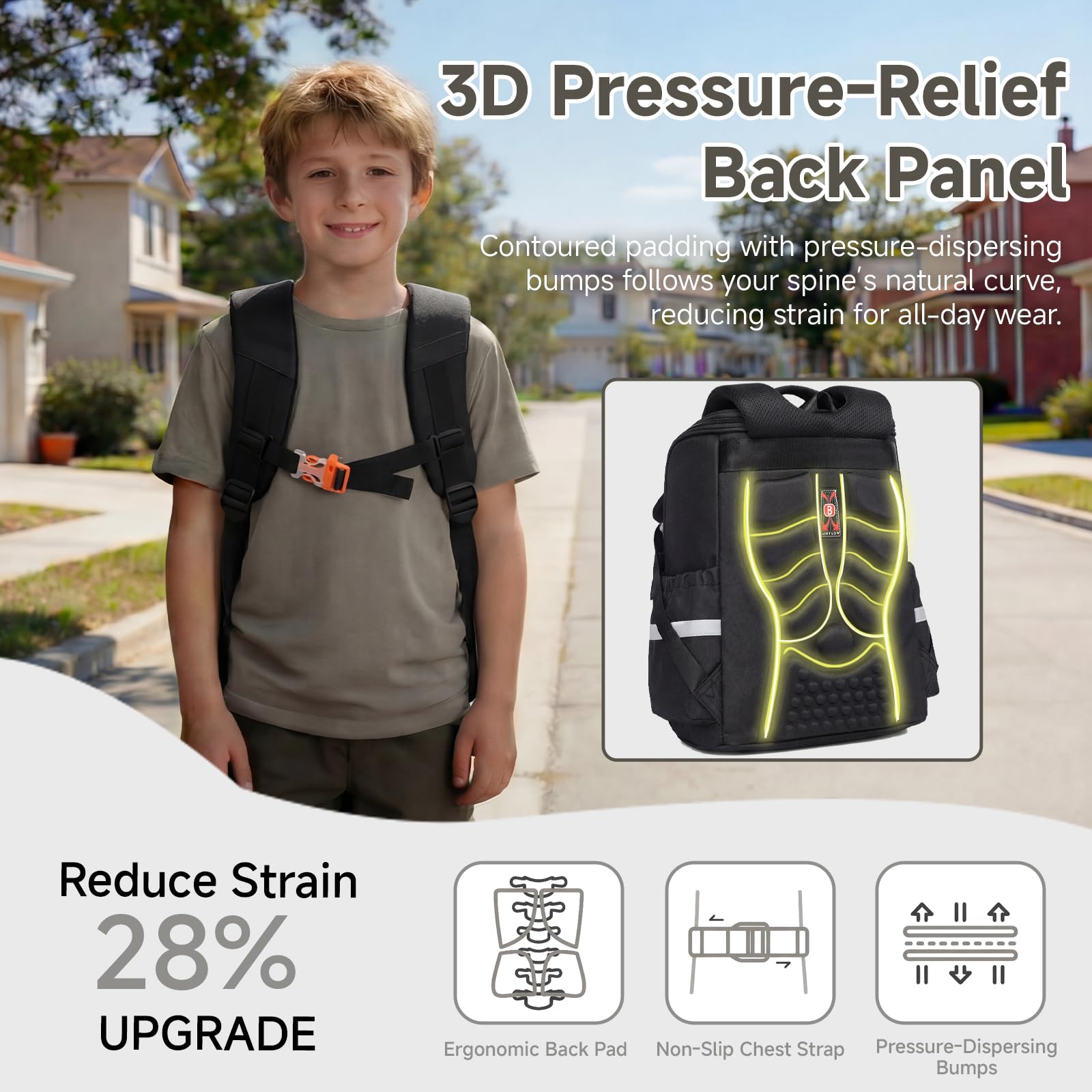 Amythe Zaino Scuola Ragazzi Classi da 1 a 6 Ergonomico Riflettente, Nero | Impermeabile Cinturino Pettorale Leggero Traspirante Nero Daypack Multitasche Capiente Resistente per Scuola Viaggio