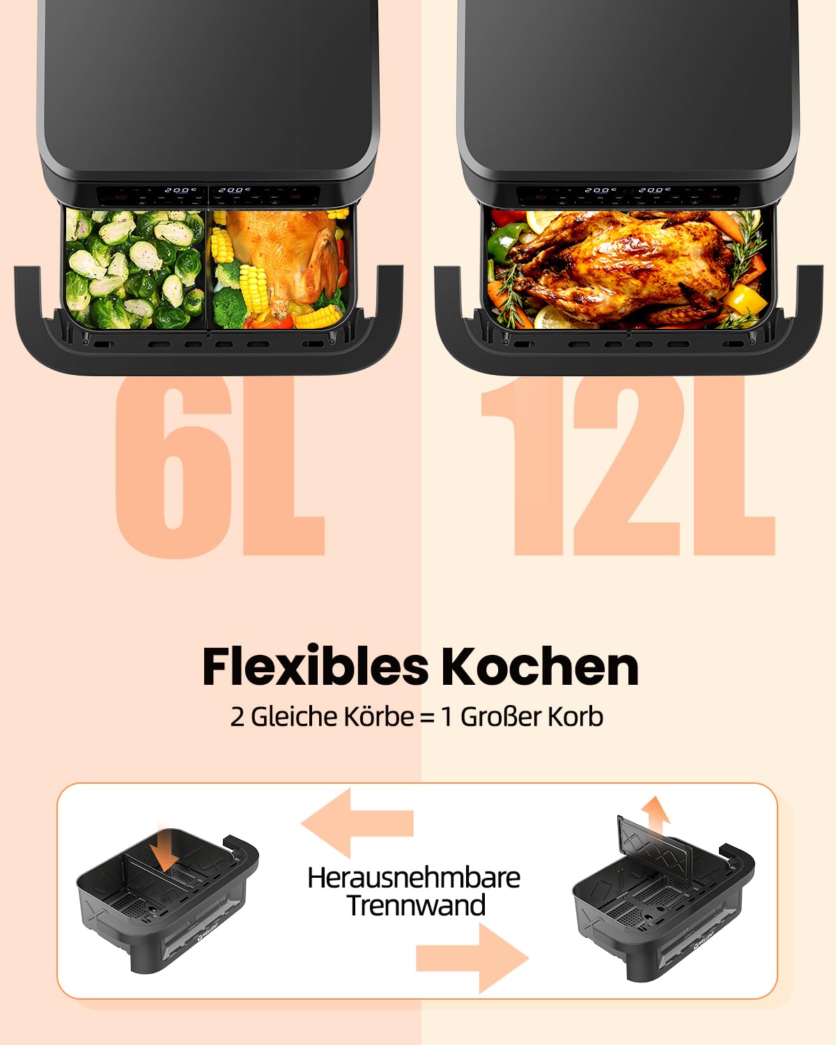 WELLENT 12L Dual Zone Airfryer XXL - 2950W Heißluftfritteuse 2 Kammern(6+6L) - Heissluftfritteuse Doppelkammer mit Sichtfenster, Match & Sync-Funktion, Schüttel-Erinnerung, Spülmaschinenfest