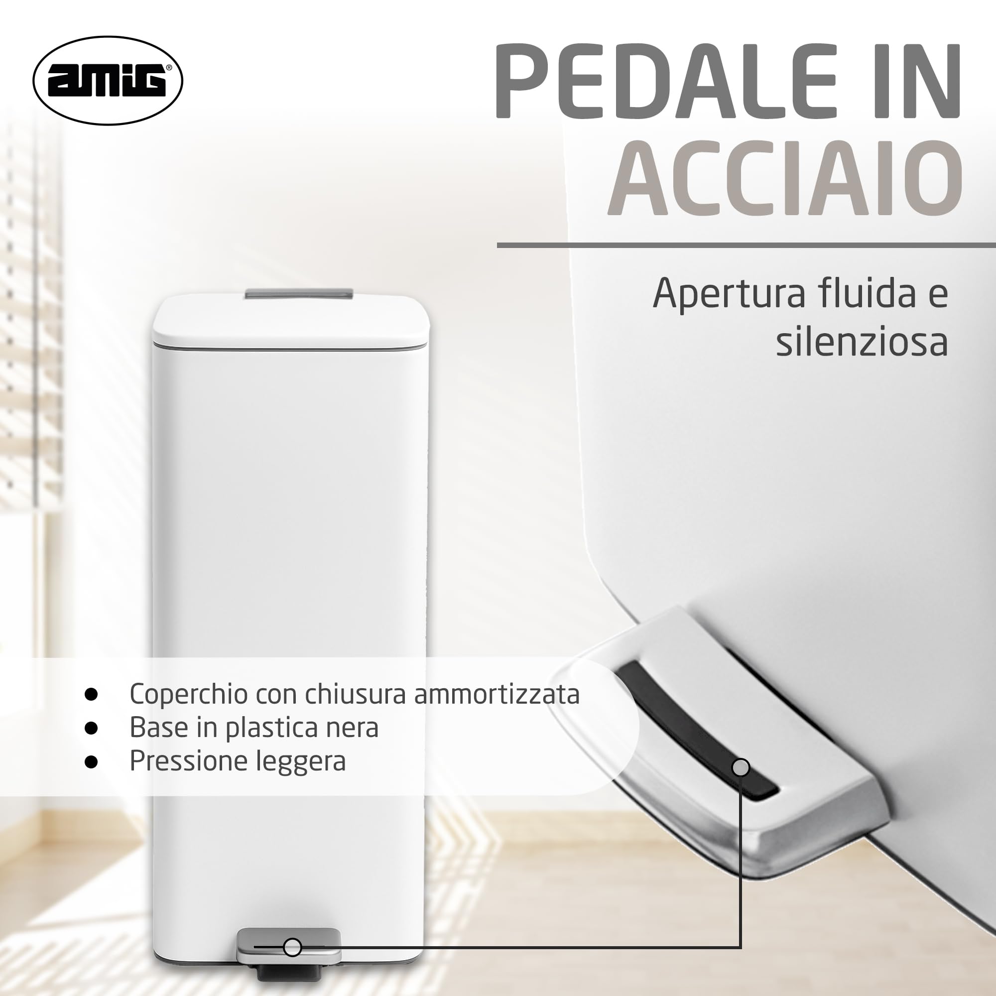 Amig - Pattumiera con pedale 30 litri Mod. Artvin - Colore bianco - Apertura igienica senza mani - 27 x 36 x 65 cm - Acciaio inox laccato - Cestino da cucina con coperchio ermetico