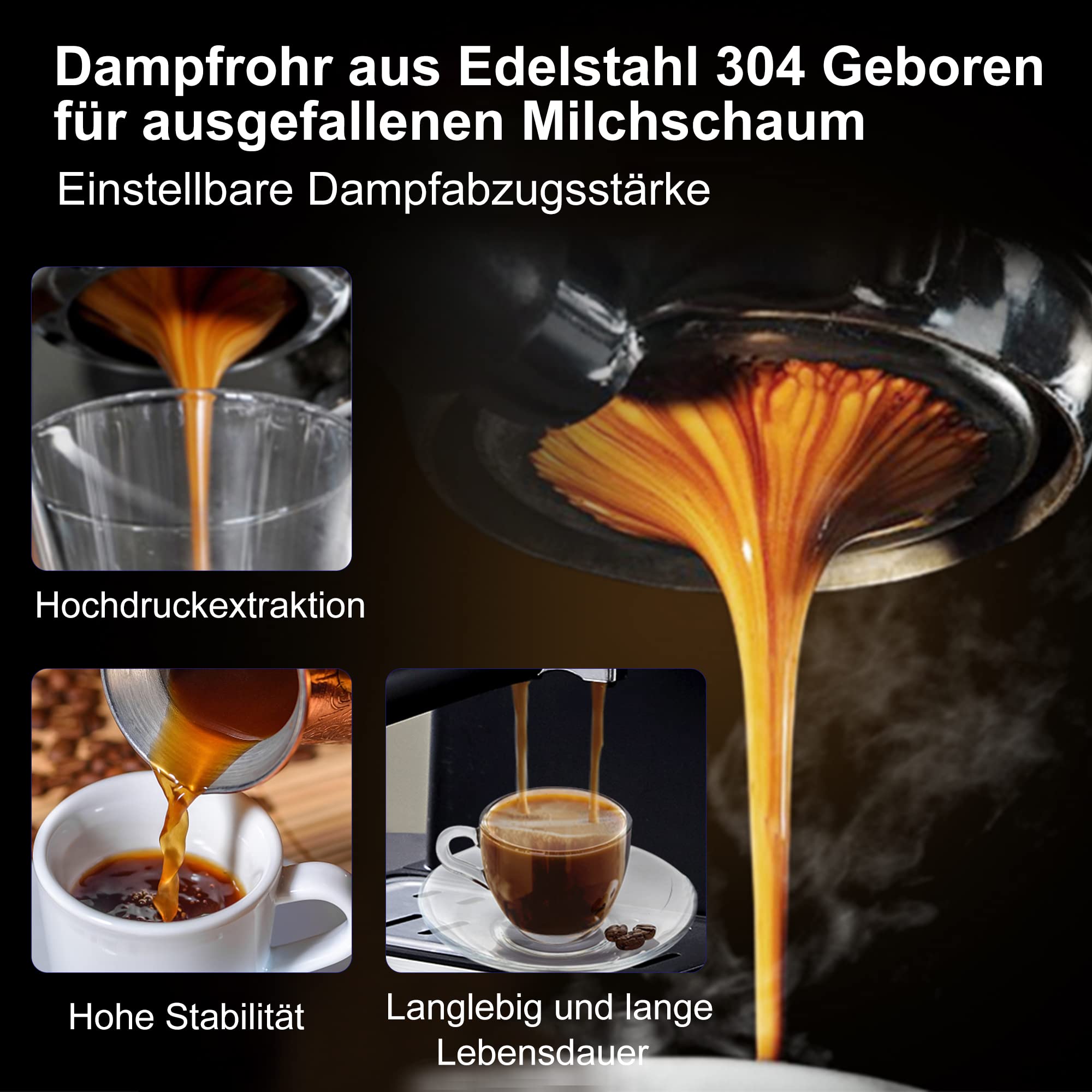 Biolomix Espressomaschine Siebträgermaschine 20 Bar,Filterhalter mit Doppelauslauf,Milchaufschäumdüse,abnehmbarer Wassertank, für 1-2 Tassen,Espresso,Cappuccino und Latte Machiato