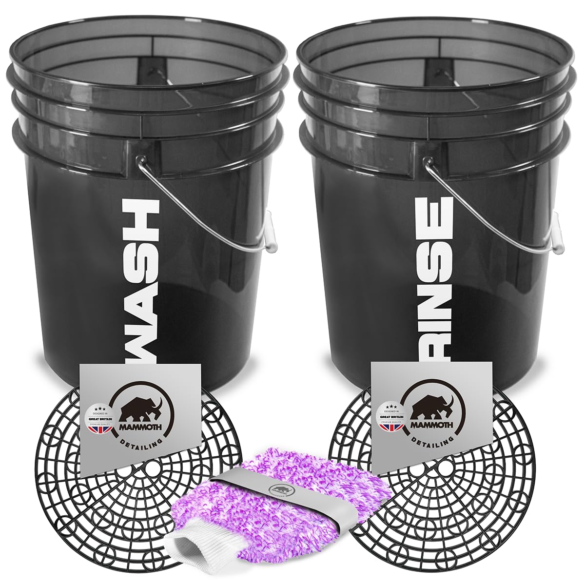 Mammoth Microfibres Black 5Pc Detailing Car Wash Bucket Set With Wash Guards For Scratch Free Car Cleaning. Includes Microfibre Washmitt. (Black)