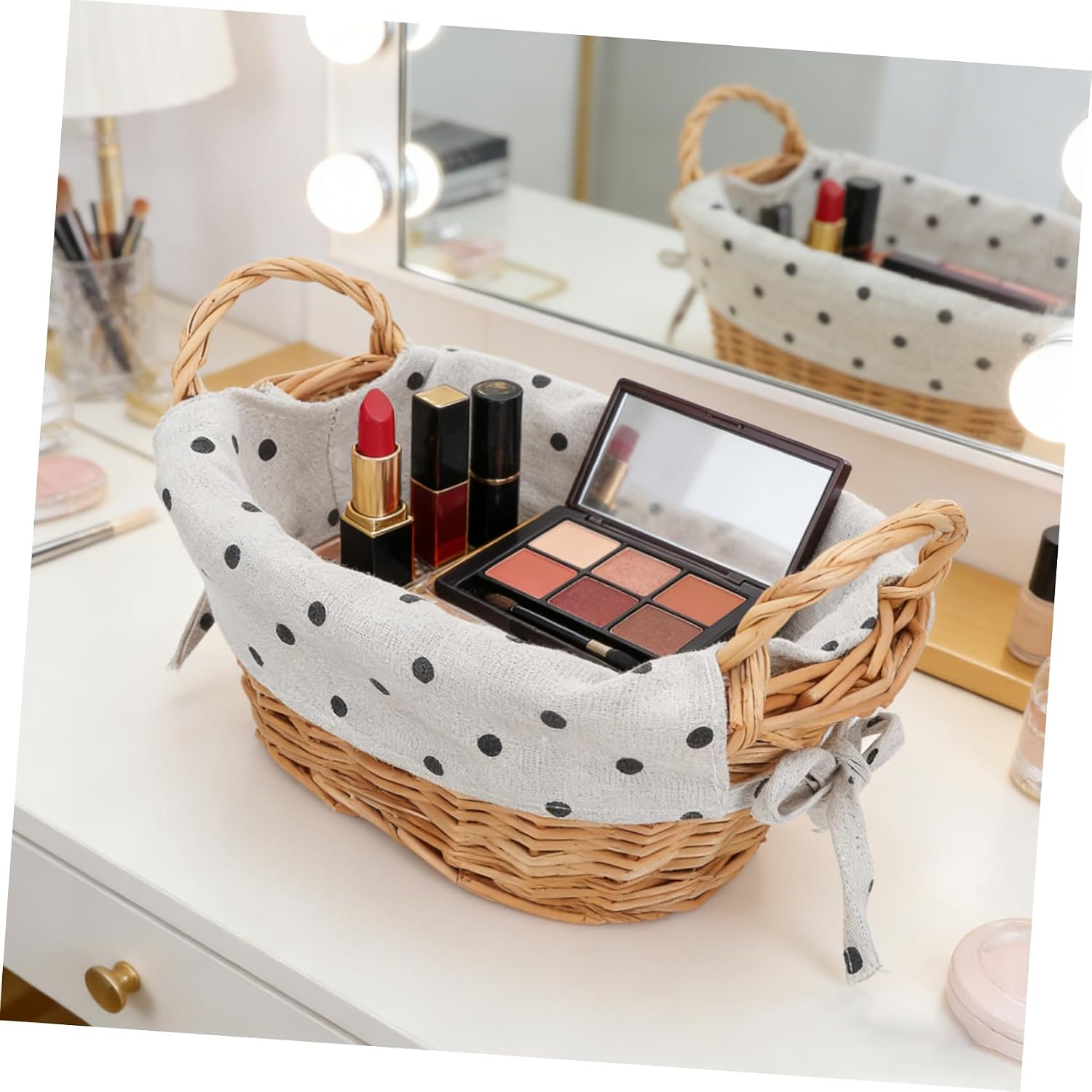 Levemolo Rattan Woven Storage Basket with Liner and Handle, Black and White Polka Dot Fabric Desktop Organizer for Nightstand, Small Retro Basket for Keys, Snacks,
