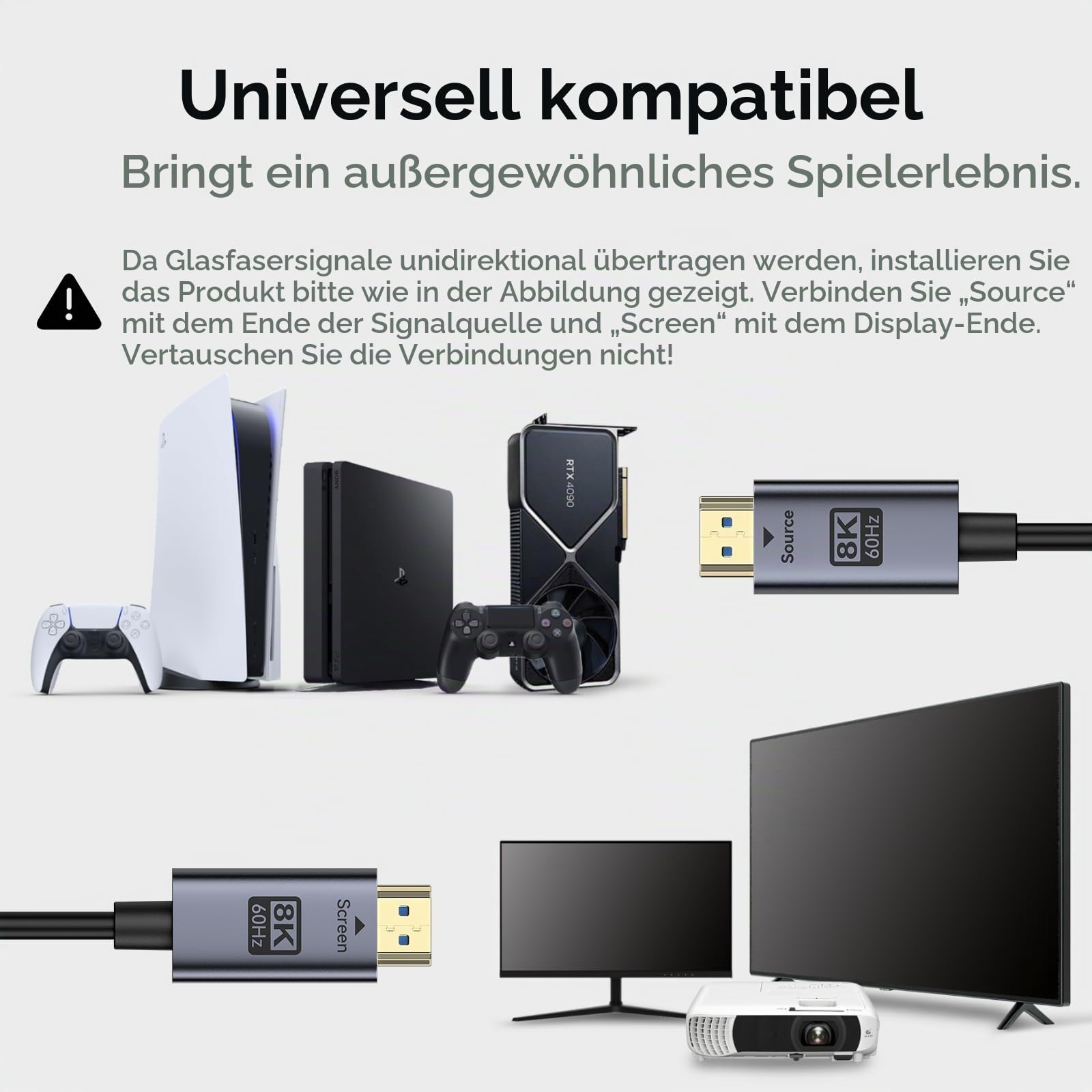 BENFEI 8K HDMI 2.1 Glasfaser kabel 30M–8K@60Hz, 4K@240Hz, 48Gbps High Speed, CL3 (wandtauglich), mit eARC/Dynamic HDR/HDCP 2.3–für PS5, Xbox, PC-Grafikkarte, Fernseher, Projektor und Heimkinosysteme