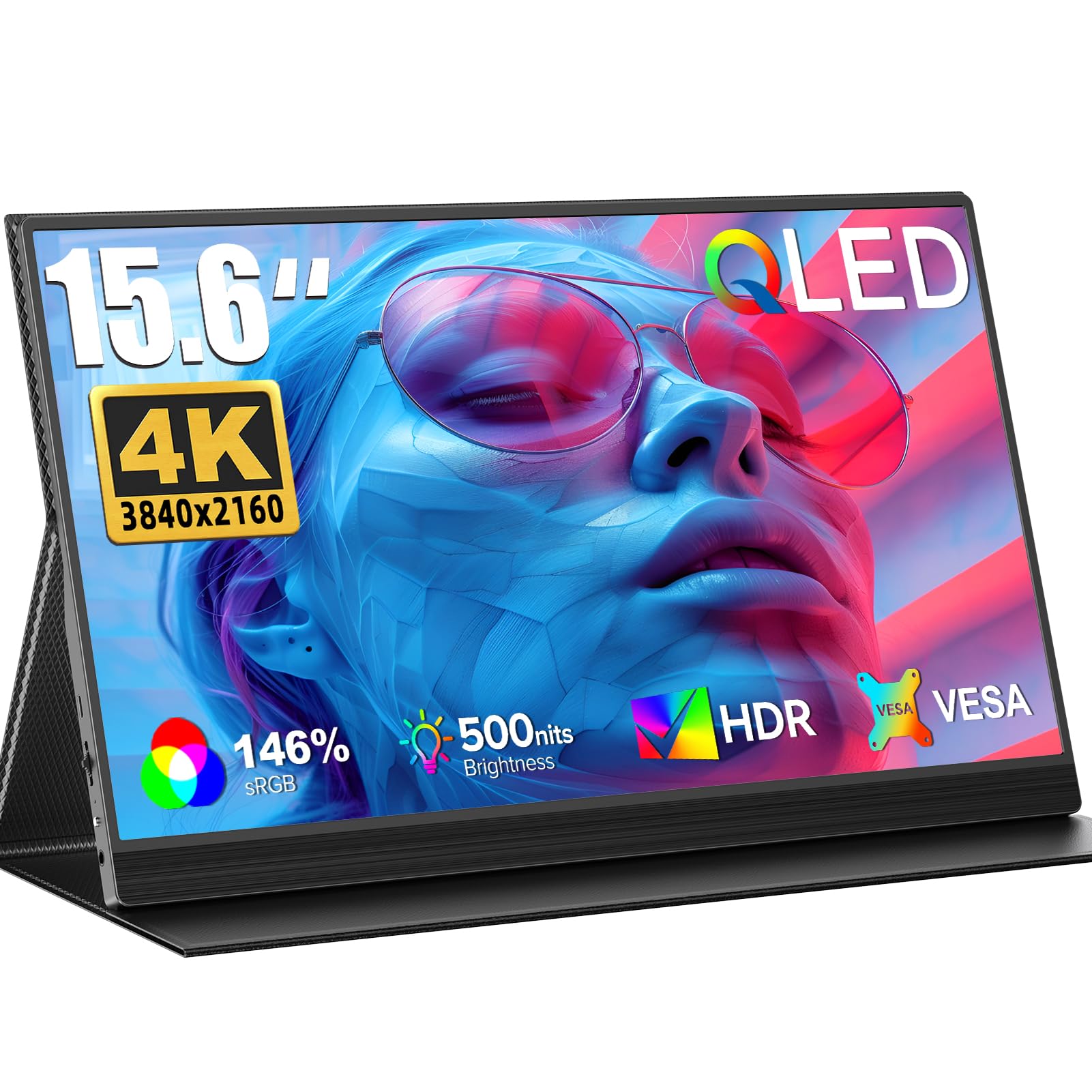 UPERFECT Monitor Portatil QLED 4K 15,6 Pulgadas 146% sRGB 1500:1 500Nits Pantalla Portatil con Estuche de Cuero Plegable, Portable Monitor UHD IPS con Mini HDMI/Type-C/USB OTG, Soporte VESA Etiqueta Energética