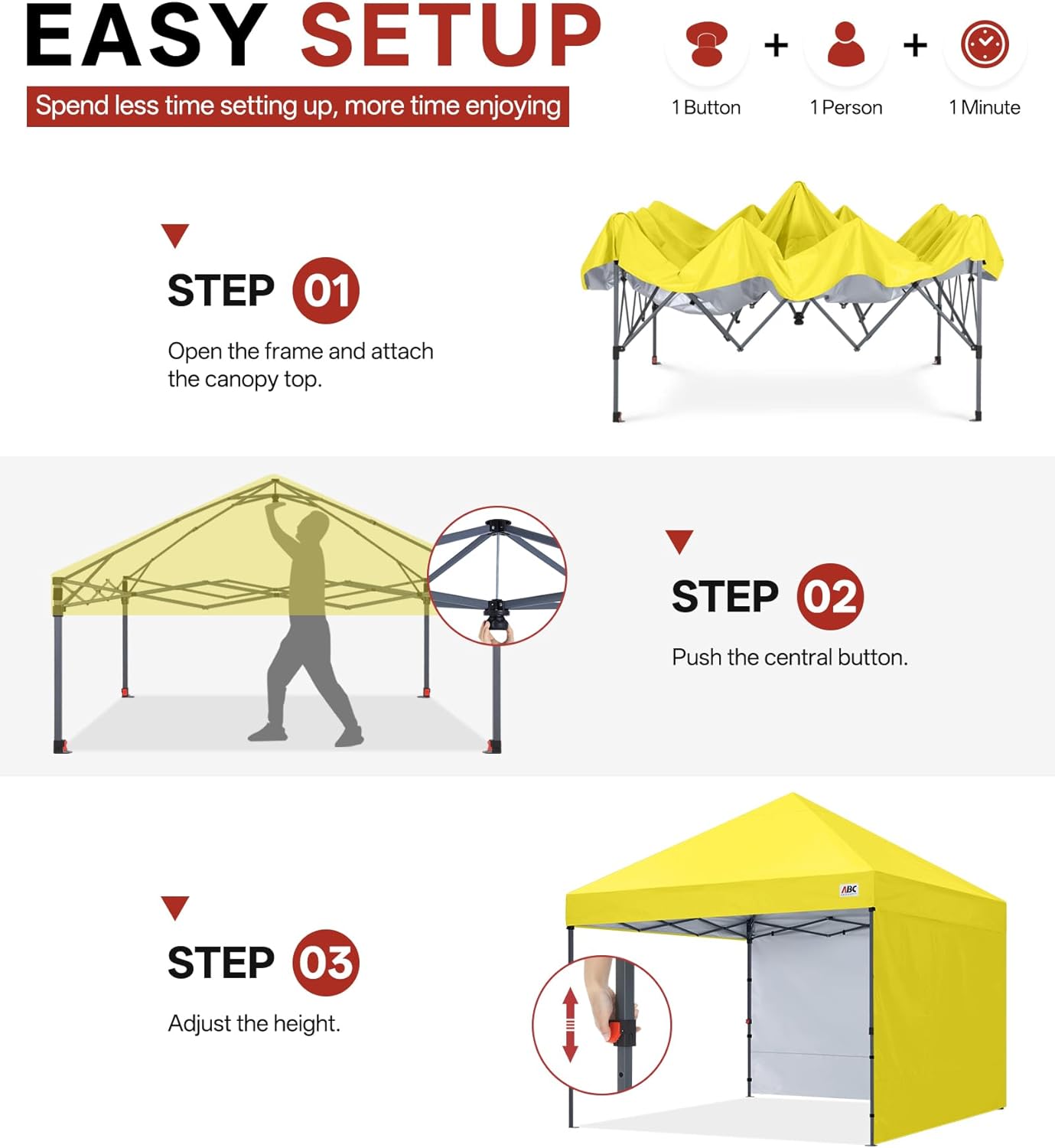 ABCCANOPY Easy Pop up Canopy Tent with 2 Sidewalls for Outdoor Sun Blocking or Rain Protection,10x10, Yellow