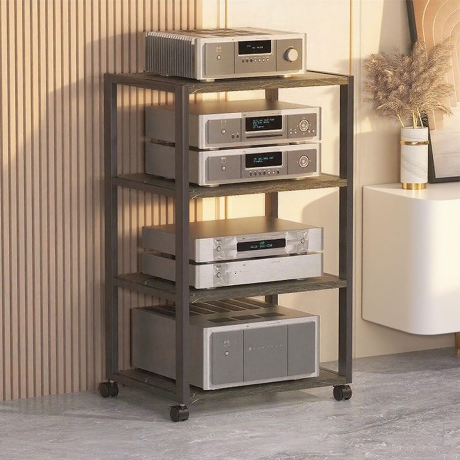 Mobilna półka HiFi z kółkami – stojak na audio-wideo do systemów stereo, multimedialna szafka do przechowywania, stojak 2-5-poziomowy do salonu, sypialni, akademika, wielofunkcyjny stojak