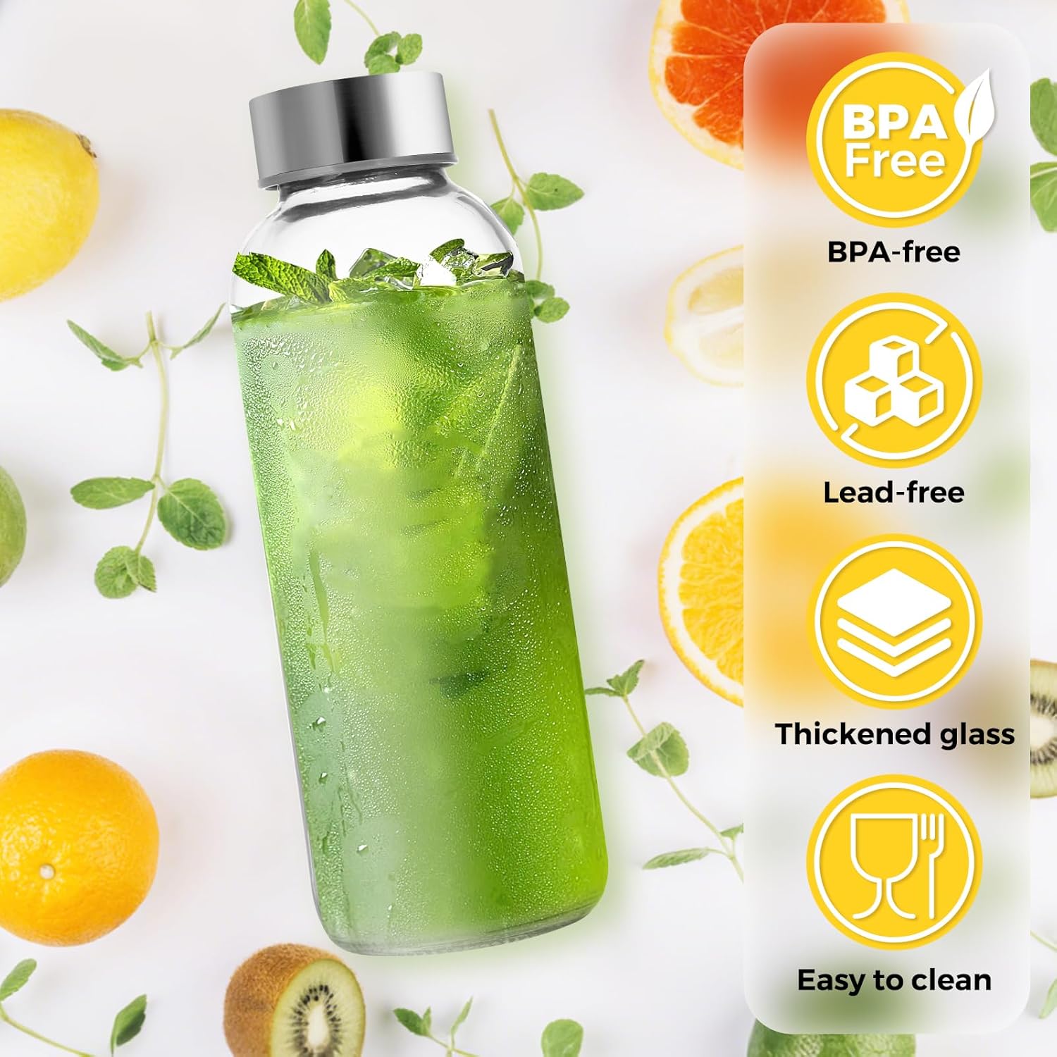 Jarsoph Set of 6 Clear Glass Water Bottles with Lid 26oz for Juicing Reusable Bottle Glass Cup with Stainless Steel for Juicing,Halloween Refrigerator 100% Leak Proof Drinking Jar, BPA Free