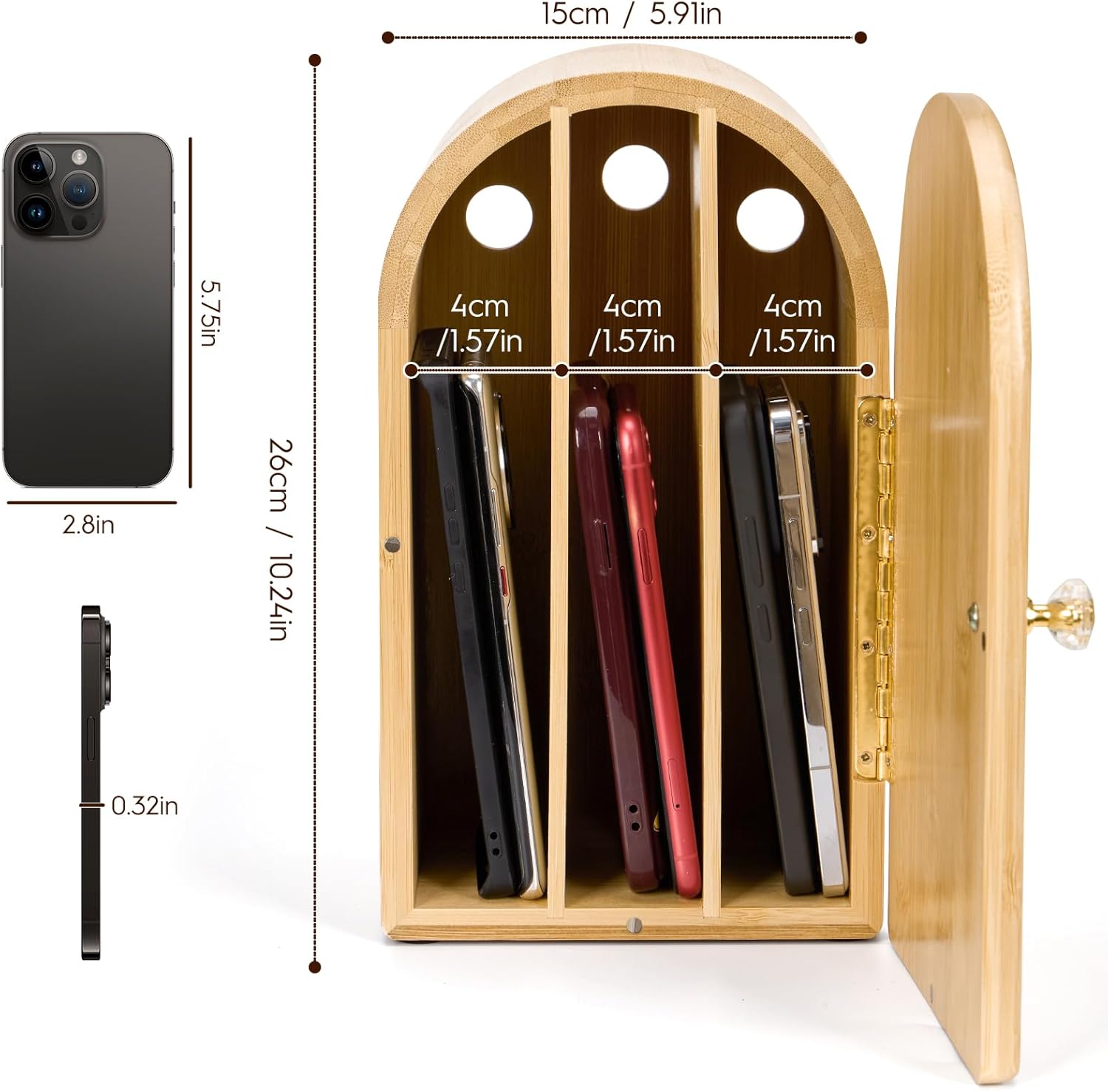 Premium Cell Phone Box for Family Time,Bamboo Cell Phone Jail with Charging Holes,Hold 6 Phones,Help Kids Adults Focus Back