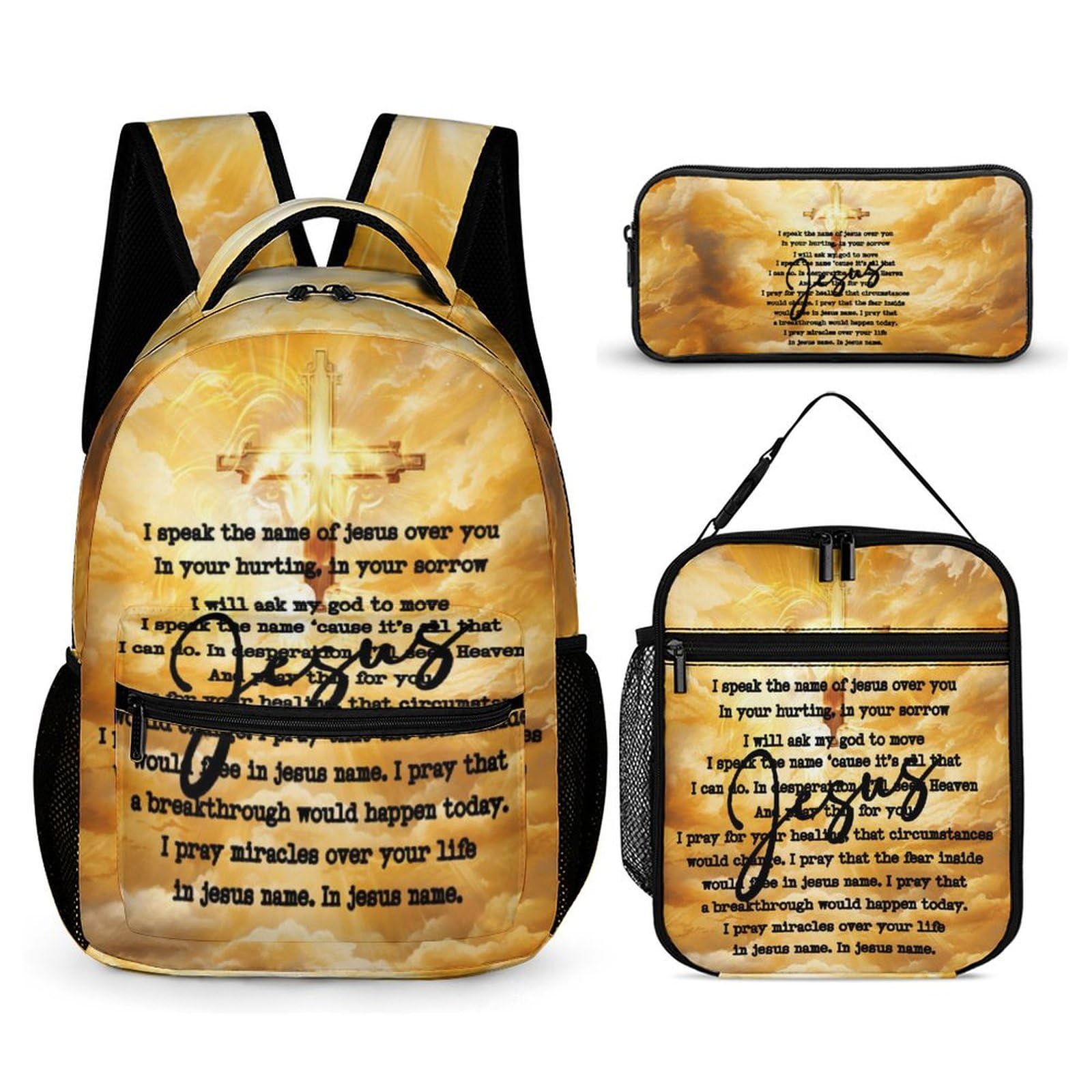 Jesus Catholic Backpack with Lunch Box & Pencil Case, 16 Inch Divine Mercy Themed Bookbag, Adjustable Lightweight Large Capacity, Colorful Religious