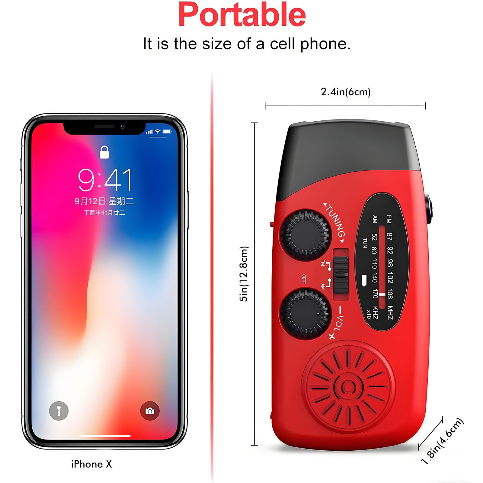 Notfall-Solarradio,Solarbaby Selbstbetriebenes Kurbelradio mit LED-Taschenlampe, SOS-Alarm,AM/FM Wetter Wind Up Radio mit 2000mAh Akku für Notladung von Smartphone,(Rod)
