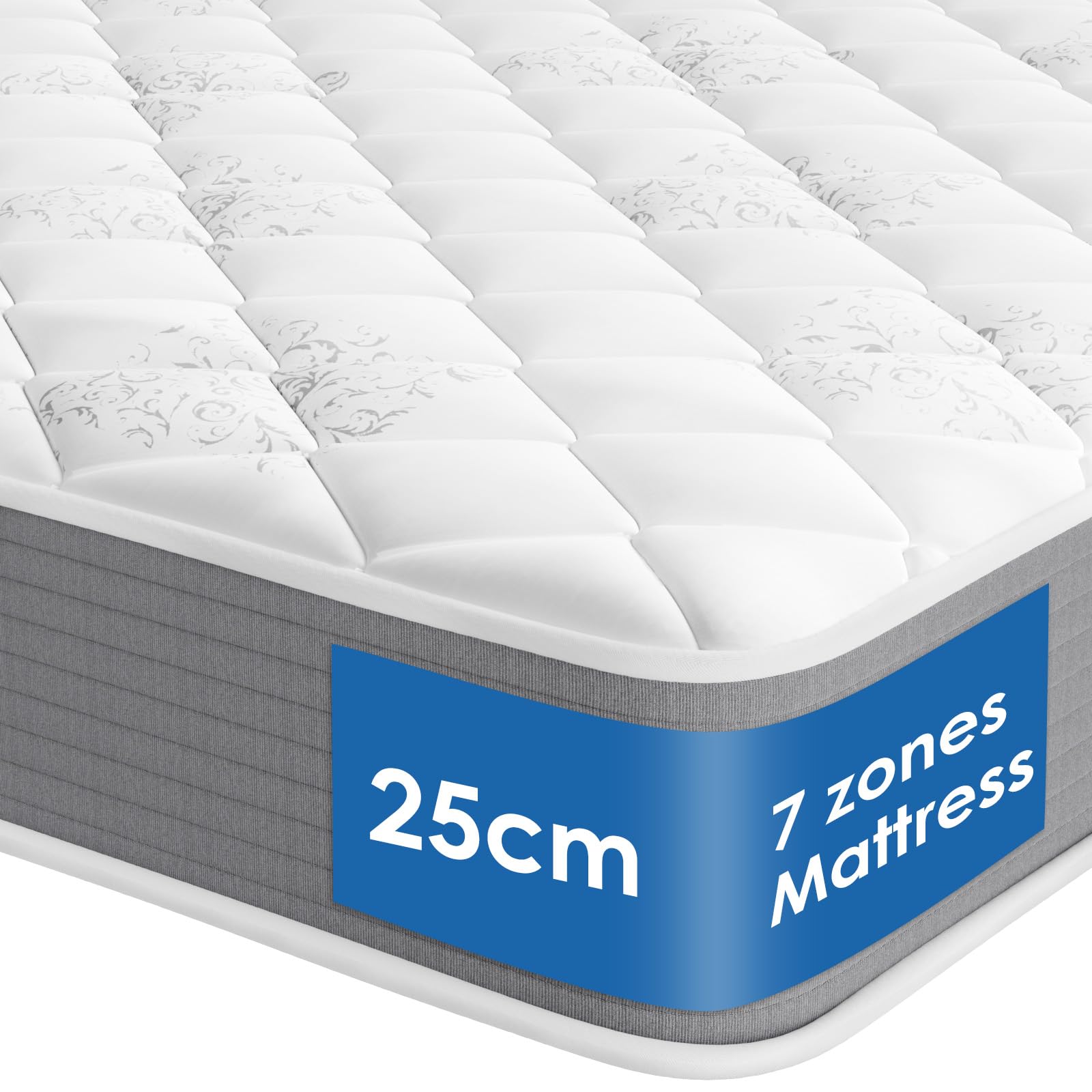 Colchon 140x200 – Altura: 25 cm – Espuma viscoelástica – Soporte de 7 Zonas – Tejido Transpirable – Firmeza Media – Diseño ergonómico – Colchón de muelles ensacados – Certificado Oeko-Tex