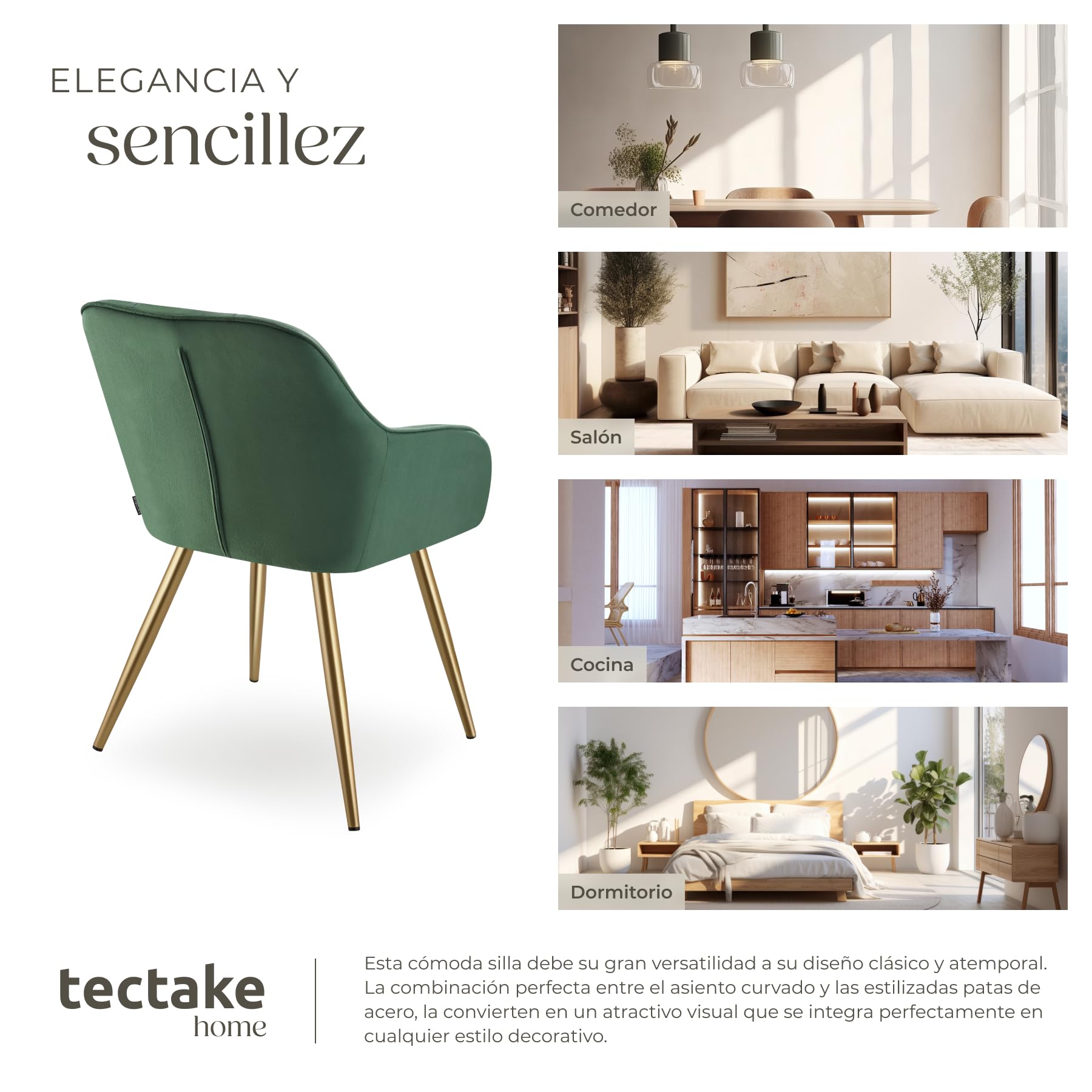tectake® Sillas de Comedor Elegantes, Tapizado Aterciopelado, Respaldo Continuo, Sillas Comedor Modernas, Silla Dormitorio, Silla Nordica, Butacas de Salon - 1 Silla Verde Oscuro