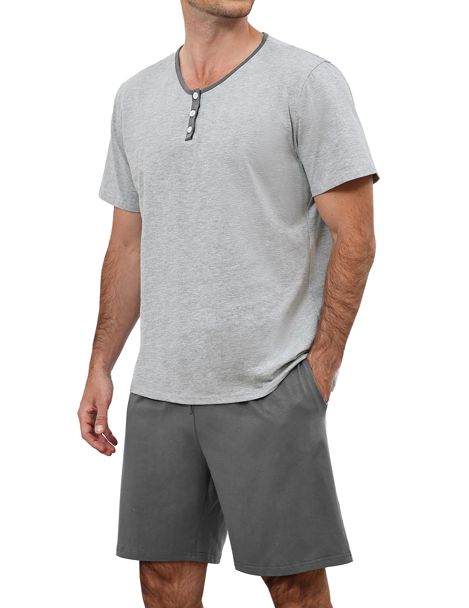 Pijama Hombre Corto Algodon para Verano, Ropa de Dormir Dos Piezas, Conjunto Manga Corta Camiseta con Botones y Shorts con Bolsillos, Suave y Cómodo Pijamas para Salir S-XXL