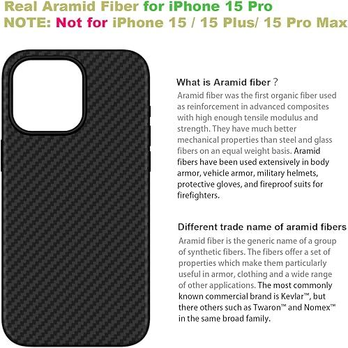 Miniatura 2 de LOPIE Funda diseñada para iPhone 15 Pro, cubierta dura de fibra de aramida real con acabado de fibra de carbono, protección contra caídas de grado