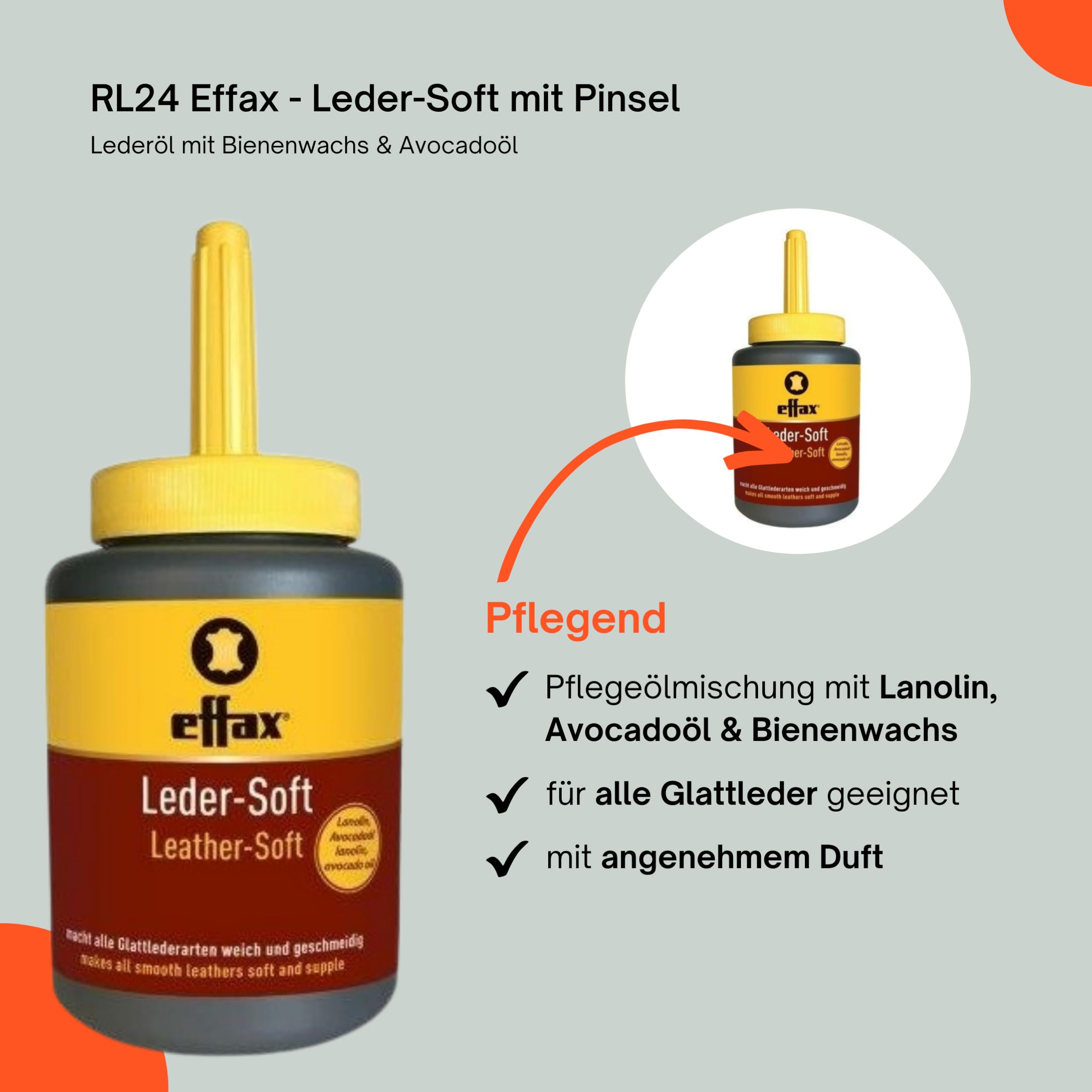 RL24 Effax – Piel suave con pincel | Aceite para cuero con cera de abejas, lanolina y aceite de aguacate | Grasa para cuero para todos los cuero liso | cuida el cuero y protege contra la humedad |