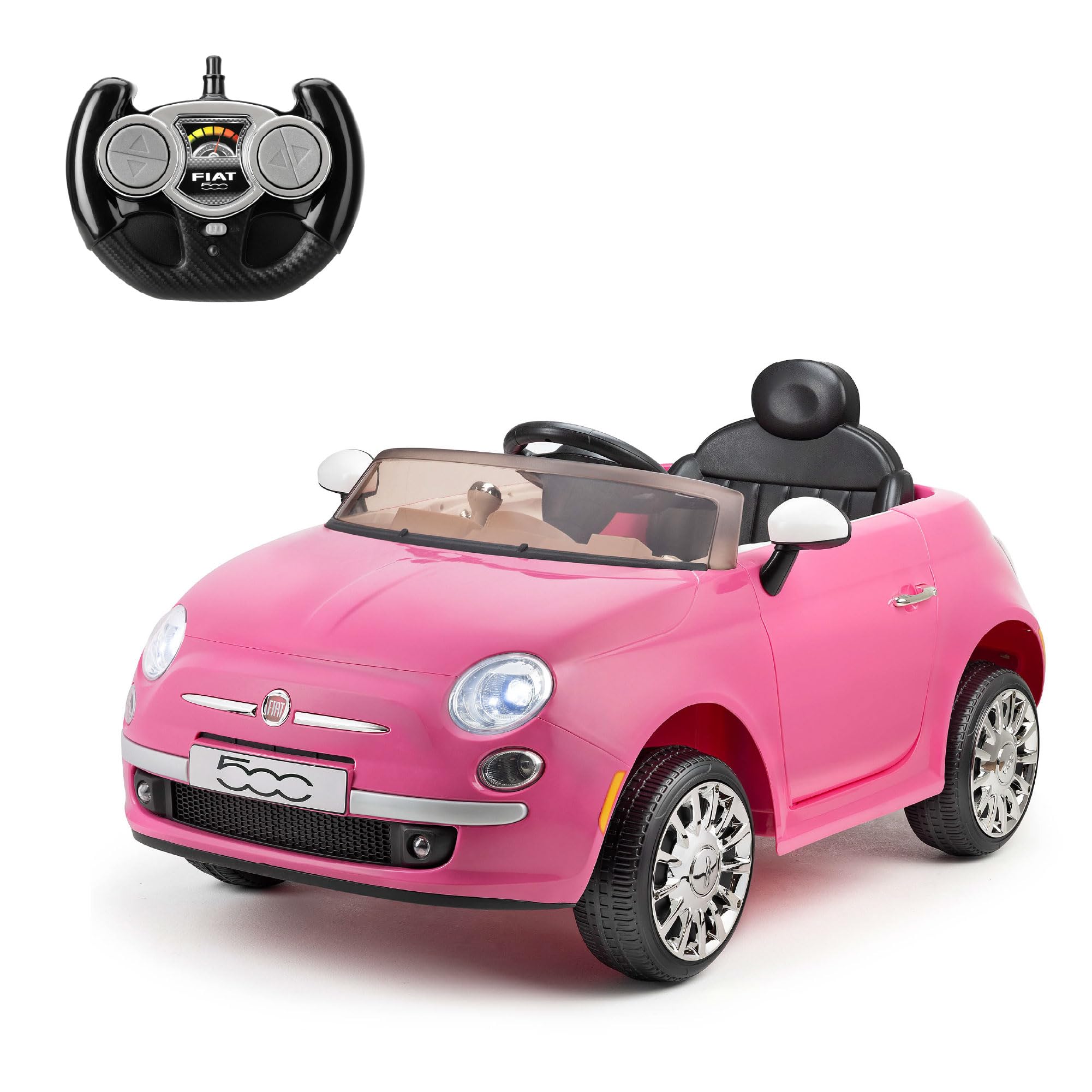 Xootz Pink Fiat 500 Ride On Car for Kids, Licensed Electric Car with Remote Control, MP3 Player & AUX, Opening Doors, Working Lights, Ride On Toys