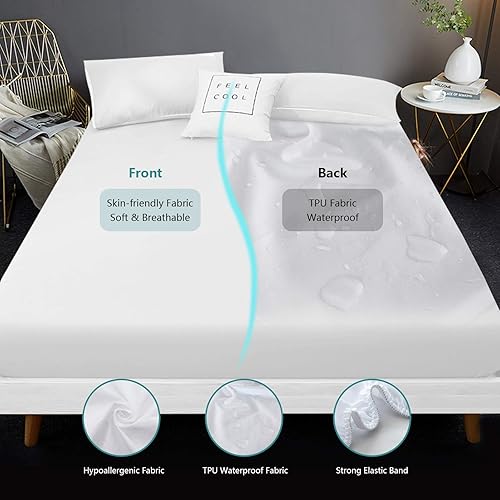 Miniatura 4 de Protector de colchón King impermeable, funda de colchón tamaño King, transpirable, sin ruido, funda de cama de bolsillo profundo para colchón de 6 a