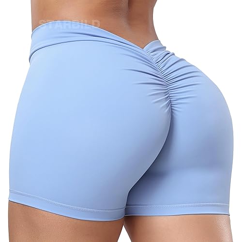 STARBILD Damen Sport Shorts Booty Scrunch Butt, High Waist Leggings Kurze Push Up, Blickdicht Workout Hotpants für Gym Fitness Yoga - V Back - Blau - S