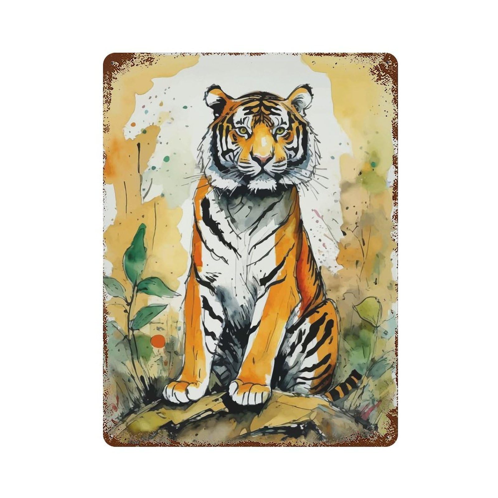 Watercolor Tiger Rust Effect Tin Sign 15.7"x11.8", Ideal for Farmhouse, Kitchen And Entryway Decor