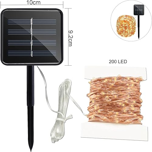 Miniatura 7 de Guirnalda de luces solares, alambre de cobre, 100 luces LED de 33 pies, 8 modos, tira de luces impermeables para exteriores, luces decorativas