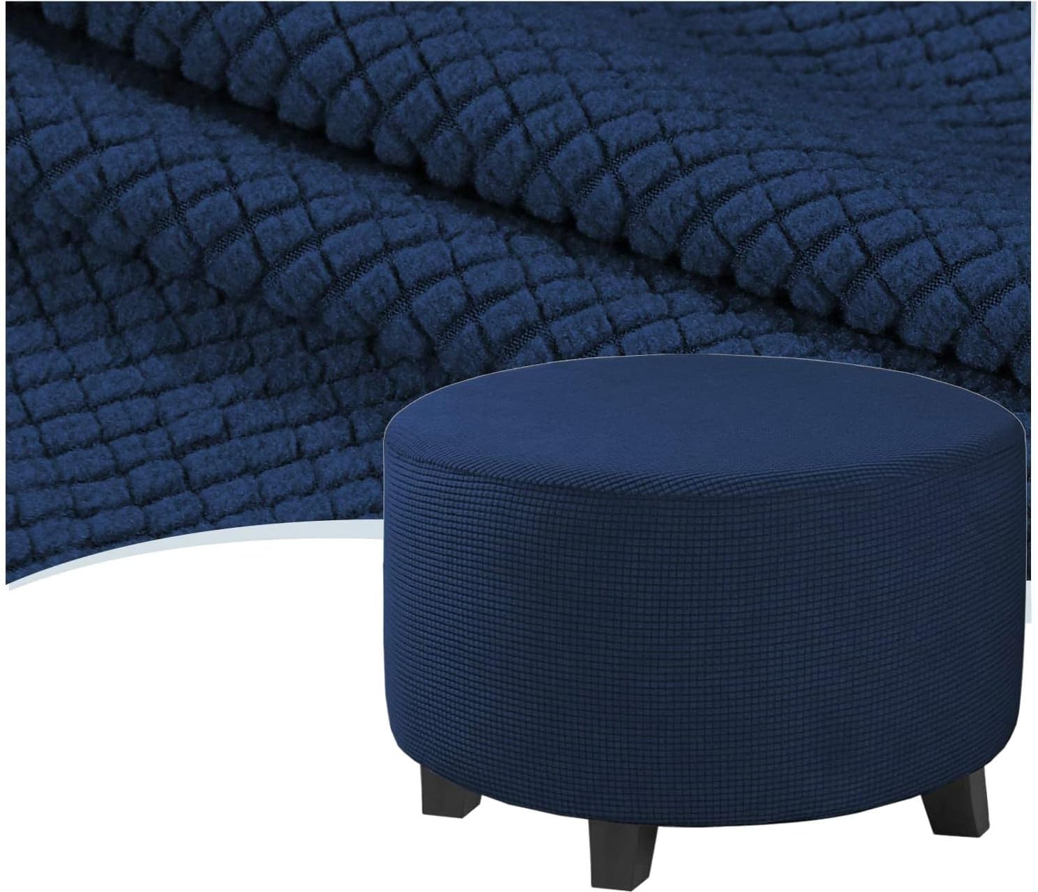 Ottoman Cover Round Small - Large, Stretch Ottoman Slipcover, Storage Stool Covers, Furniture Protector for Footrest Footstool Hassock Pouf with Elastic Bottom(Navy Blue,Diameter 80cm)