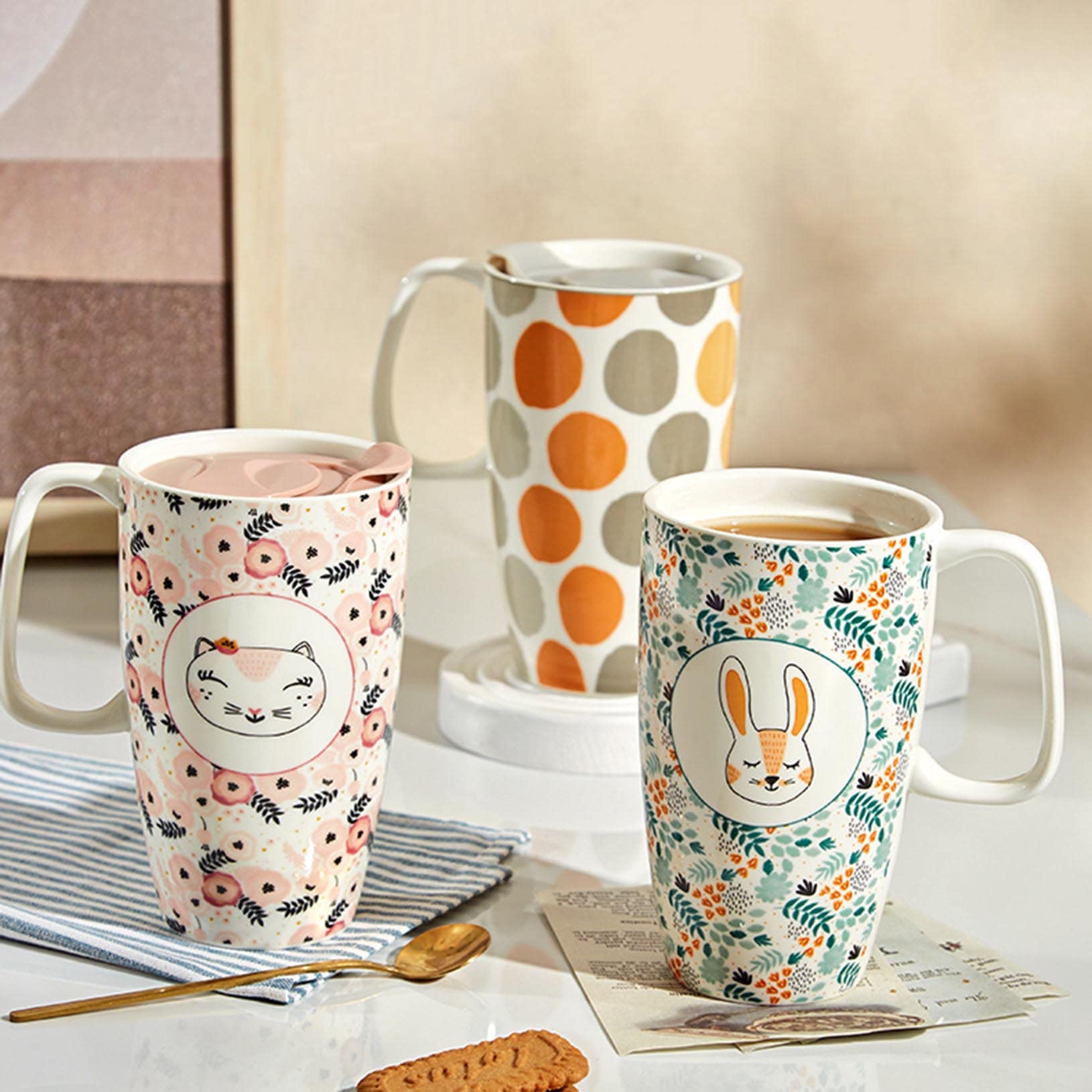 Ceramiczny kubek duży kubek do kawy, wysoki kubek podróżny, porcelana, filiżanka do herbaty latte, filiżanka z pokrywką 20 oz – piękny wybór na prezent ślubny lub prezent walentynkowy, zielony, 600 ml