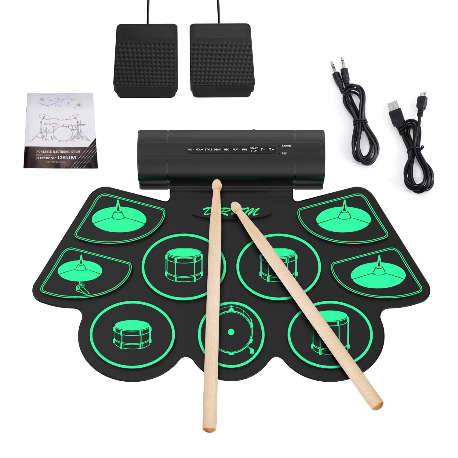 Batteria Elettronica Drum Set 9 Padiglioni Batteria Elettrica, Altoparlante Integrato, Bacchette in Legno e Pedali, Roll Up Tamburo per Bambini, Adulti, Natale, Compleanno