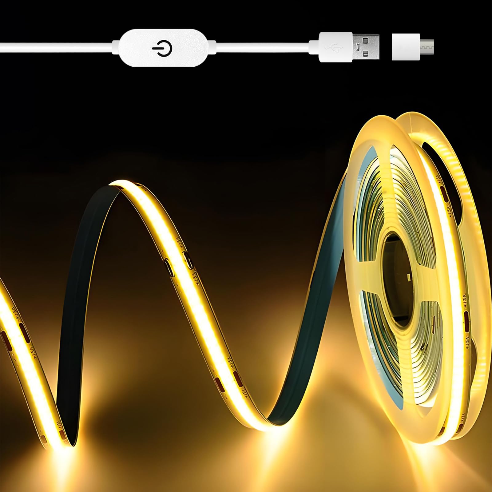 5M USB COB LED Lights Strips, Warm White Light 320 LEDs/M, LED Tape Touch Dimmable Self Adhesive for TV Backlight Stairs Kitchen Cabinet Makeup Lighting