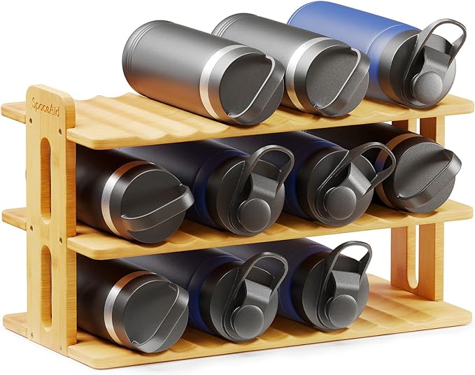 SpaceAid Bamboo Water Bottle Organizer with Labels, Kitchen Pantry Water Bottle Storage Rack for Cabinets, Home Cup and Wine Bottle Holder Shelf Organizers, (3-Tier, Hold 12 Bottles)
